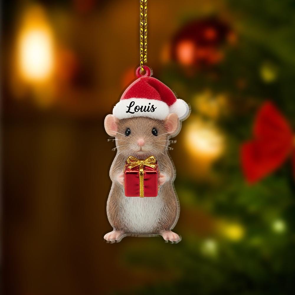 Personalized Mouse Ornament – Custom Name Christmas Decoration with Santa Hat and Gift Box