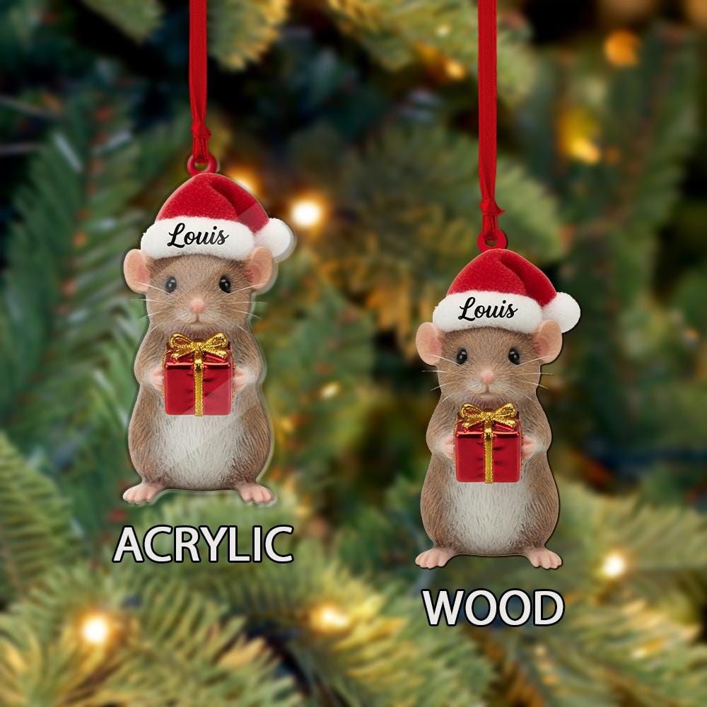 Personalized Mouse Ornament – Custom Name Christmas Decoration with Santa Hat and Gift Box
