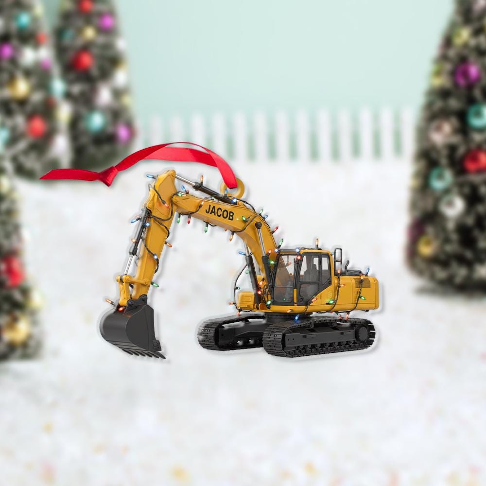 Personalized Excavator Ornament – Custom Name Christmas Decoration with Construction Truck and Lights