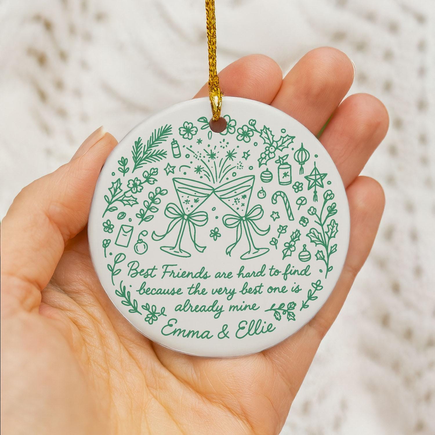 Best Friends Ceramic Ornament • Round Champagne Glasses Design • Custom Names