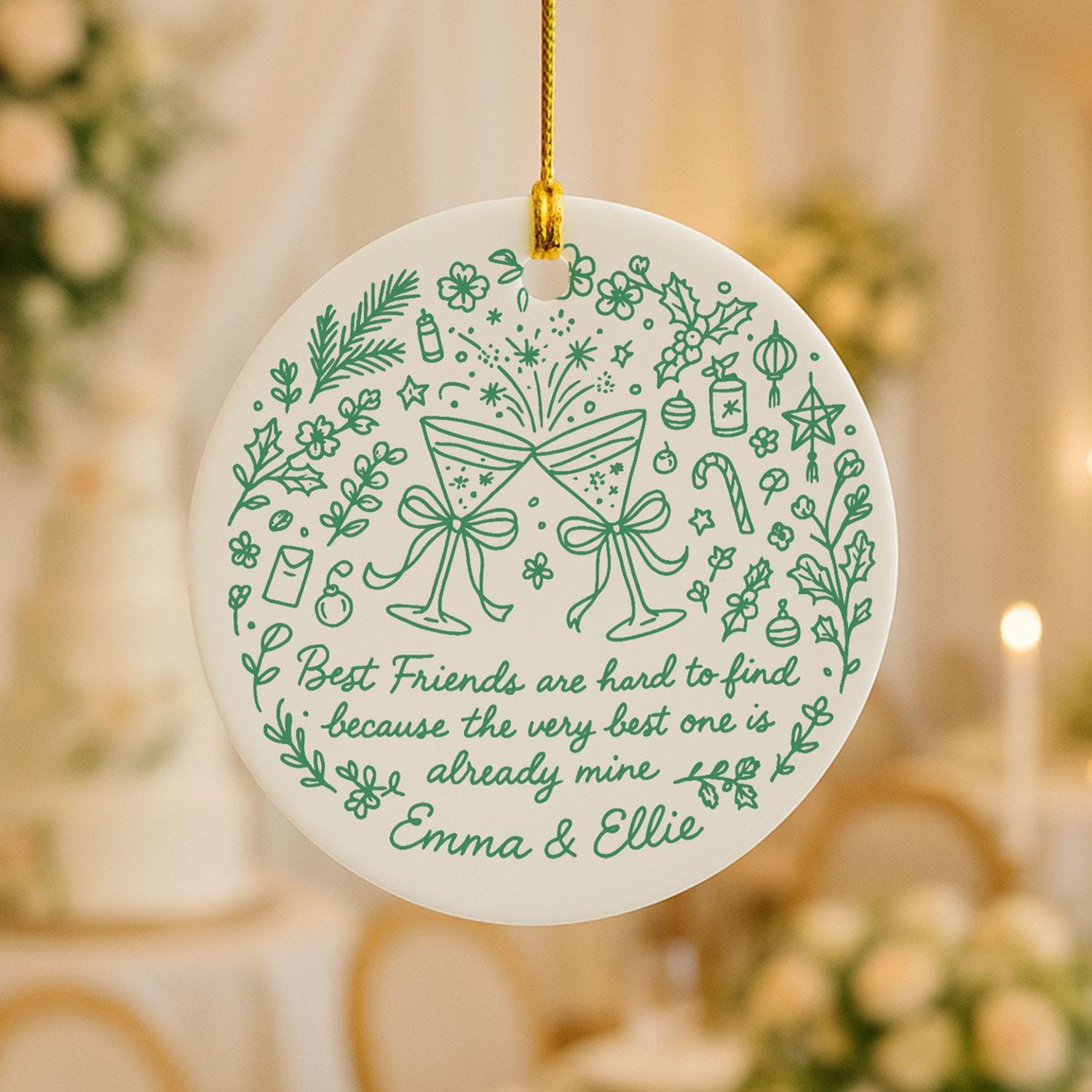 Best Friends Ceramic Ornament • Round Champagne Glasses Design • Custom Names