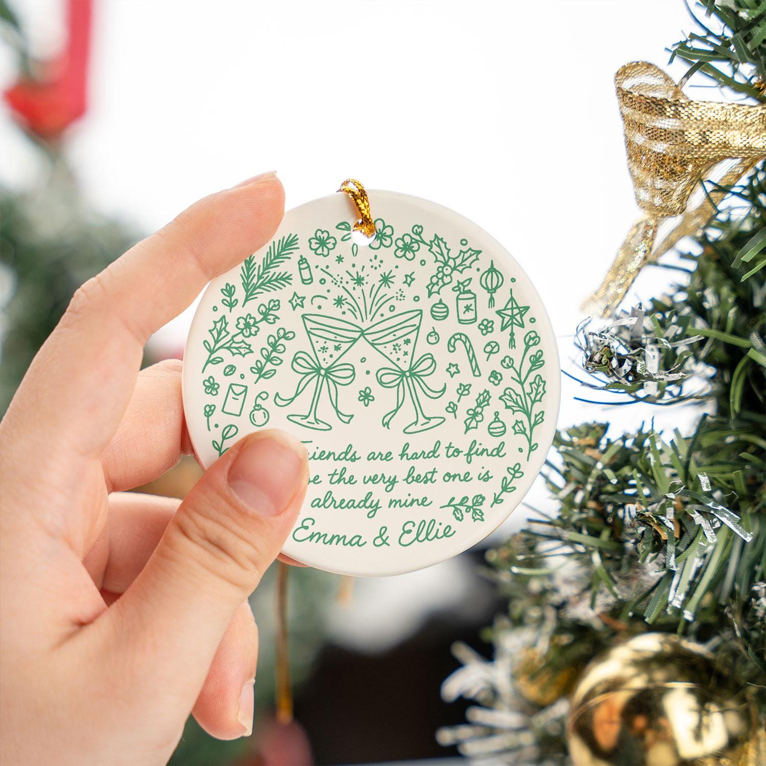 Best Friends Ceramic Ornament • Round Champagne Glasses Design • Custom Names