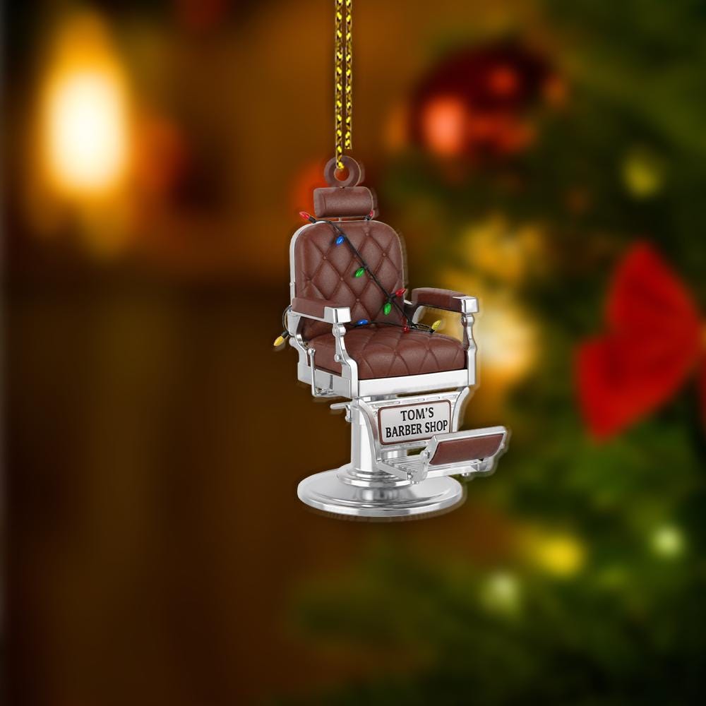 Personalized Barber Chair Ornament – Custom Name Christmas Decoration with Holiday Lights