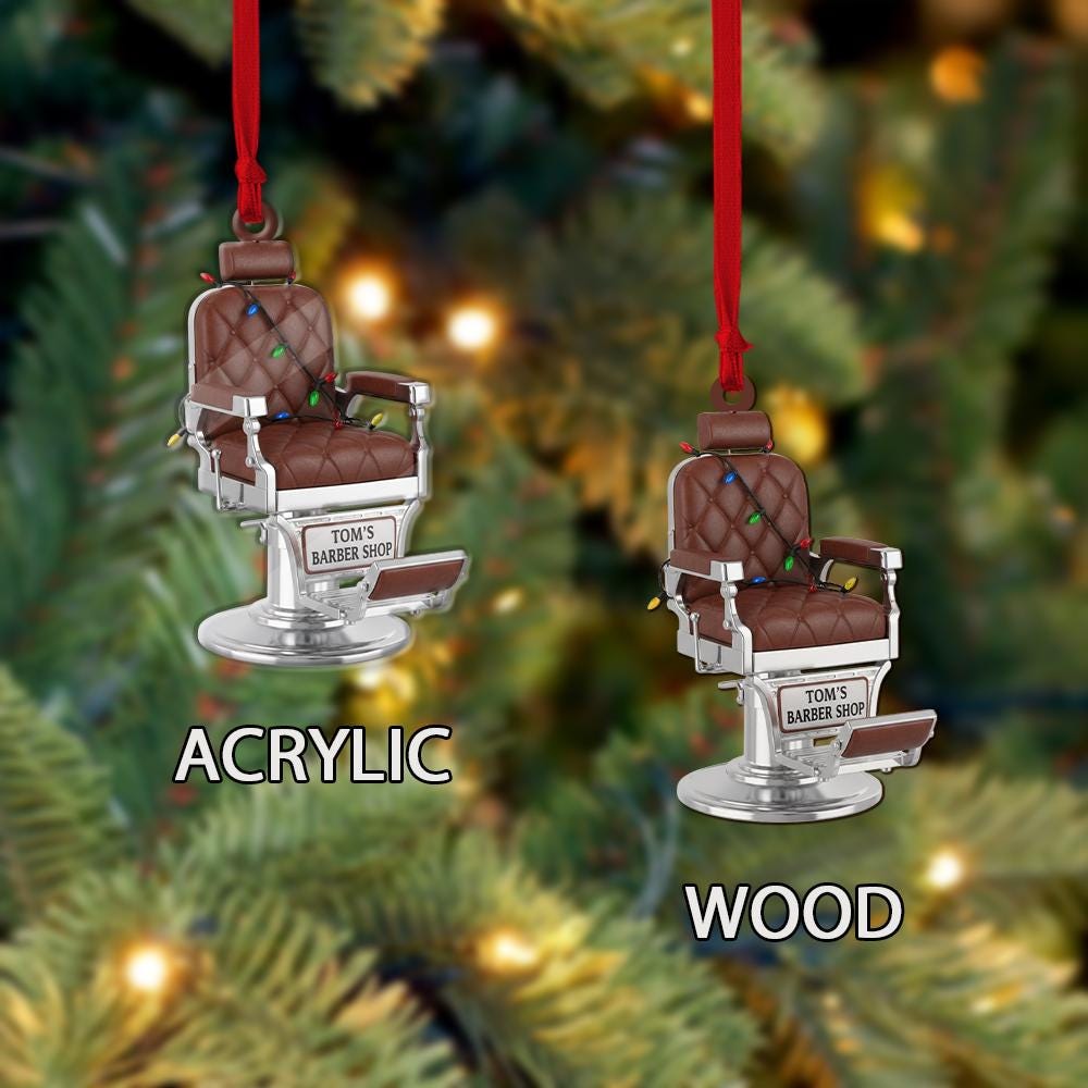 Personalized Barber Chair Ornament – Custom Name Christmas Decoration with Holiday Lights