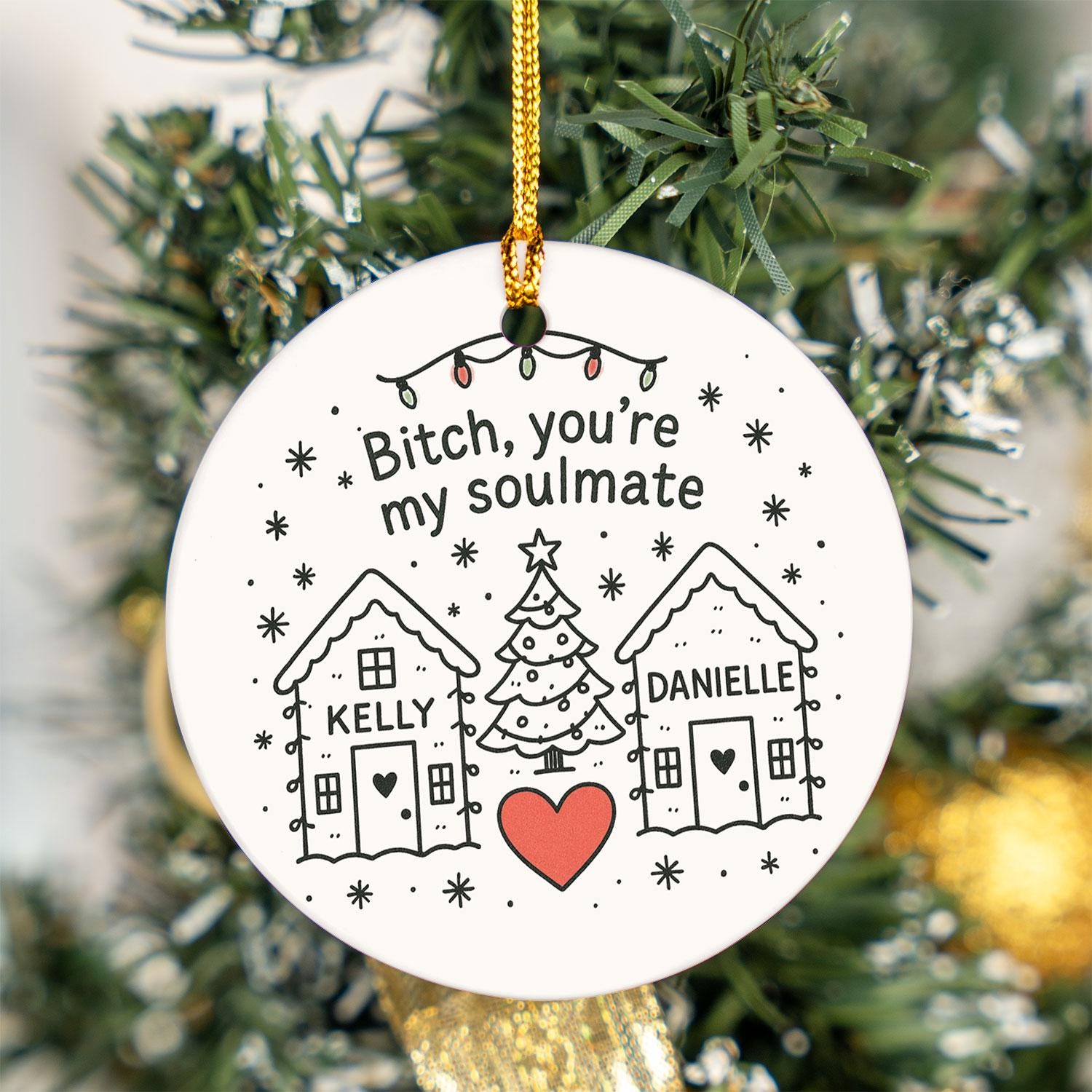 Best Friend Ceramic Ornament • Round Houses and Heart • Custom Names • Explicit Text