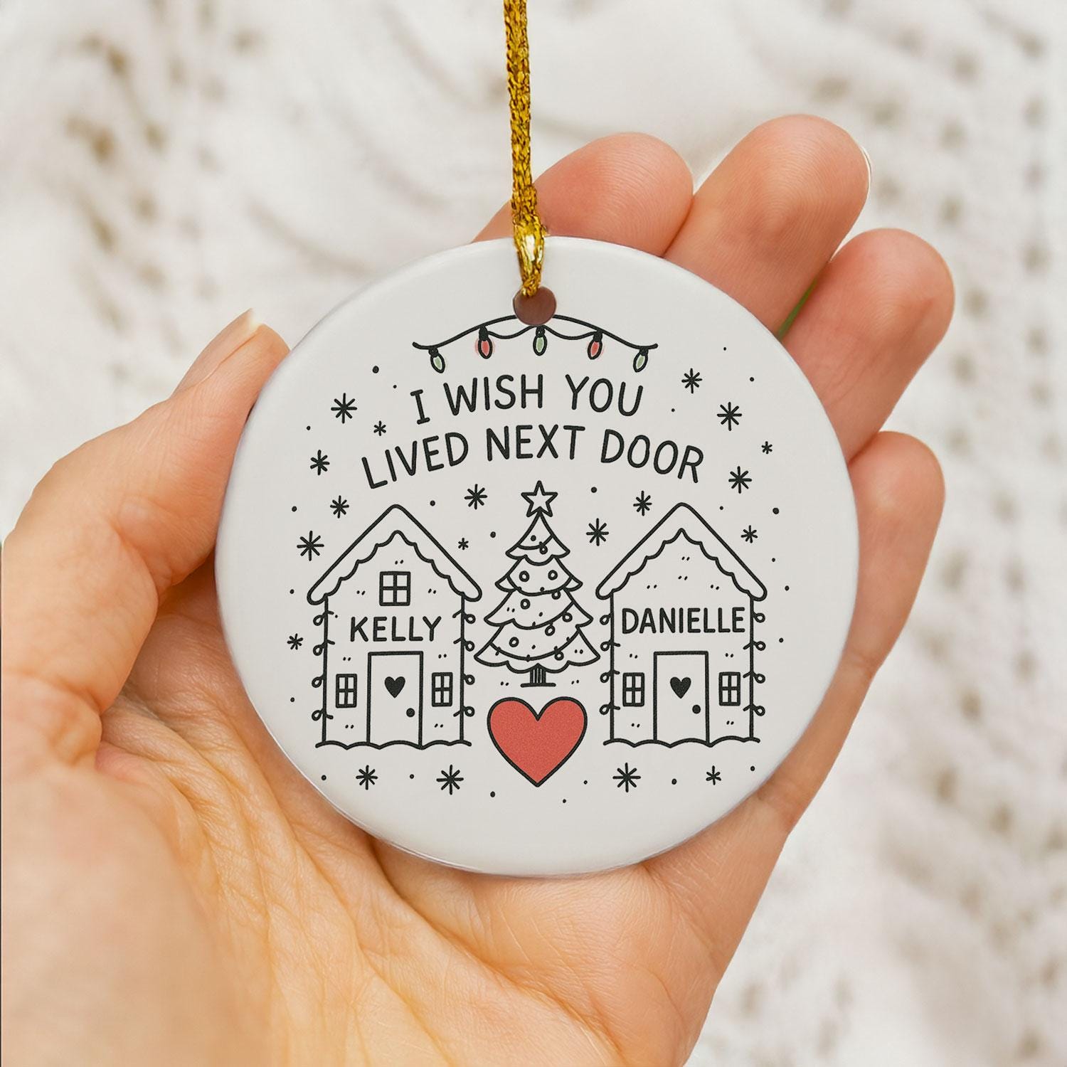 Best Friend Ceramic Ornament • Round Houses & Heart • Custom Names • “I Wish You Lived Next Door” Quote
