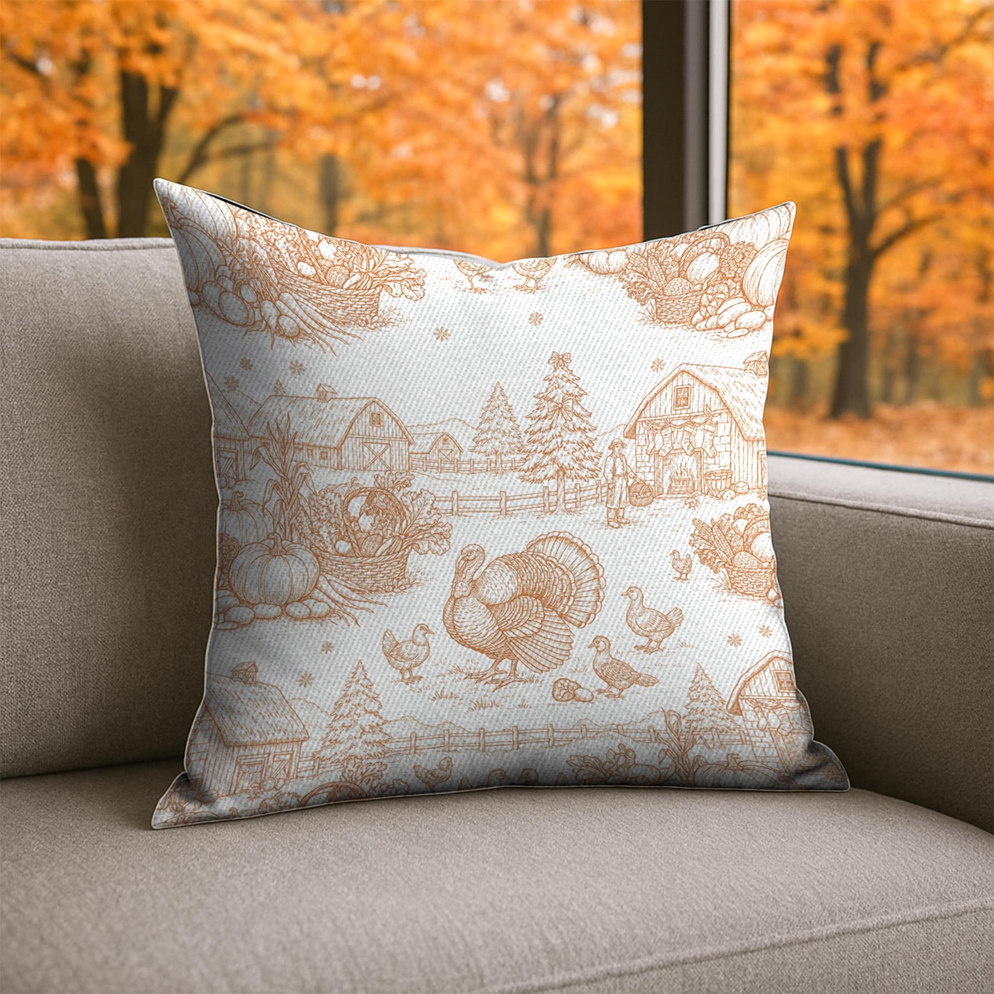 Farmhouse Thanksgiving Pillow: Rustic Turkey and Barn Harvest Scene