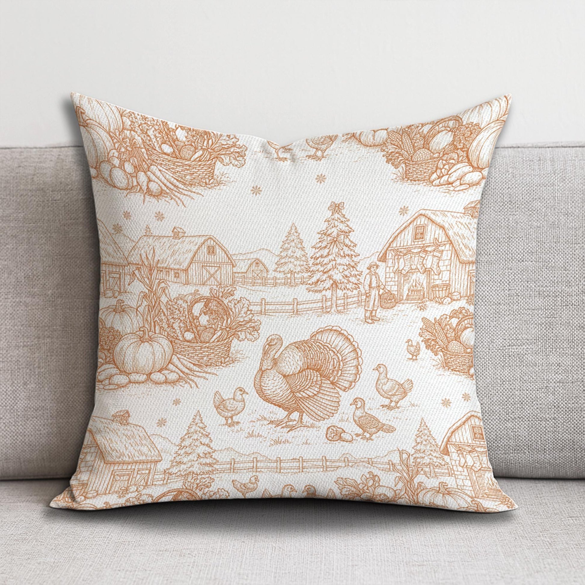 Farmhouse Thanksgiving Pillow: Rustic Turkey and Barn Harvest Scene