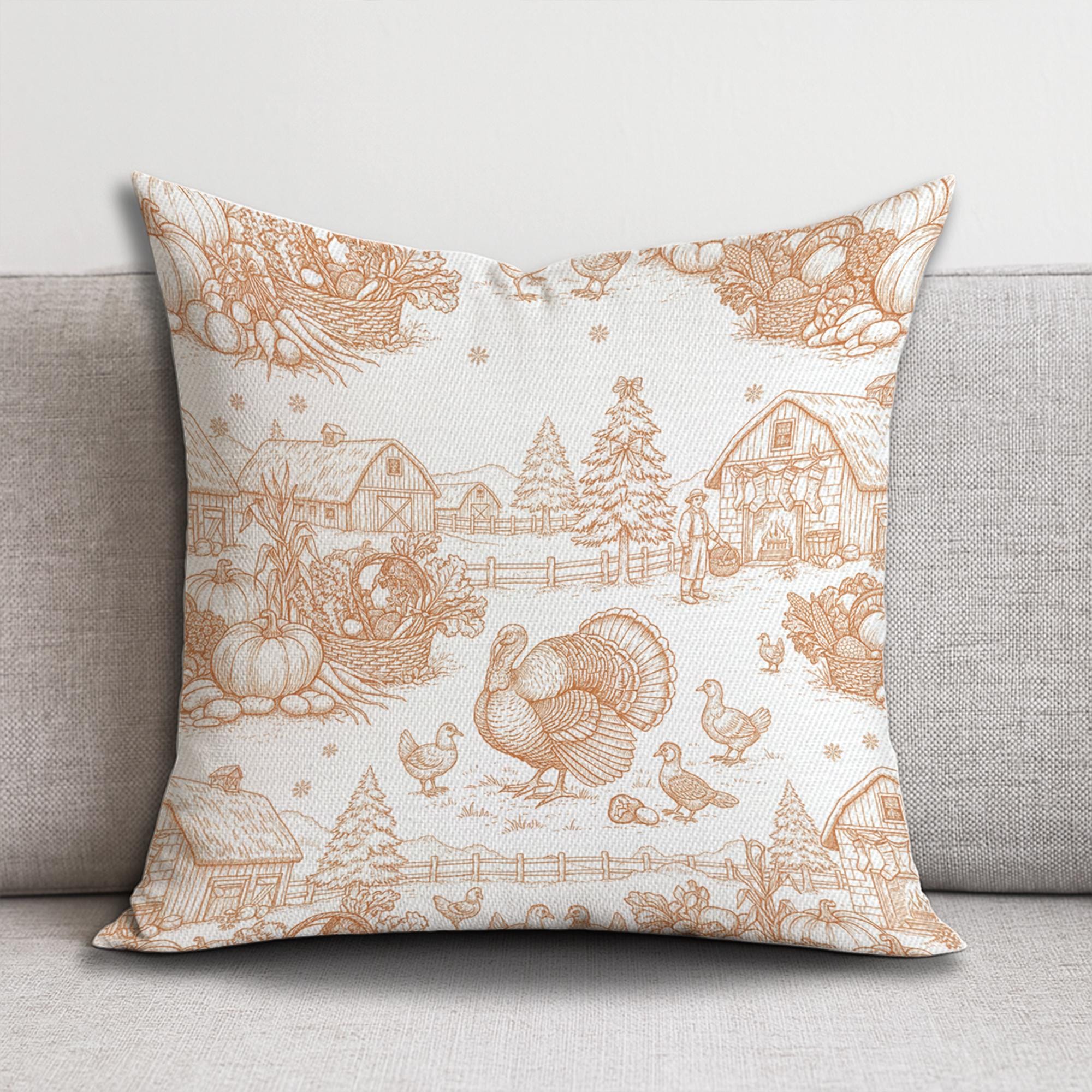 Farmhouse Thanksgiving Pillow: Rustic Turkey and Barn Harvest Scene