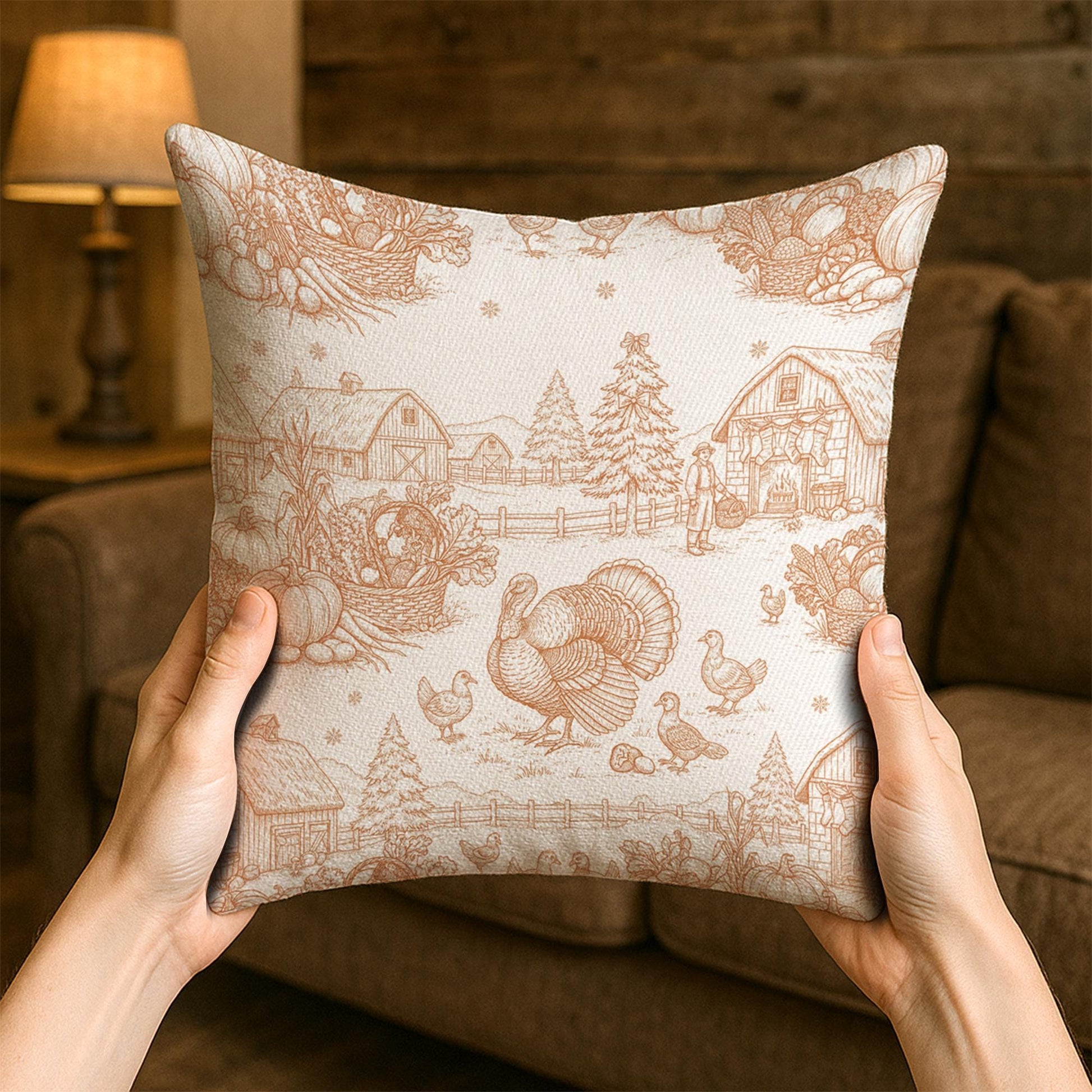 Farmhouse Thanksgiving Pillow: Rustic Turkey and Barn Harvest Scene
