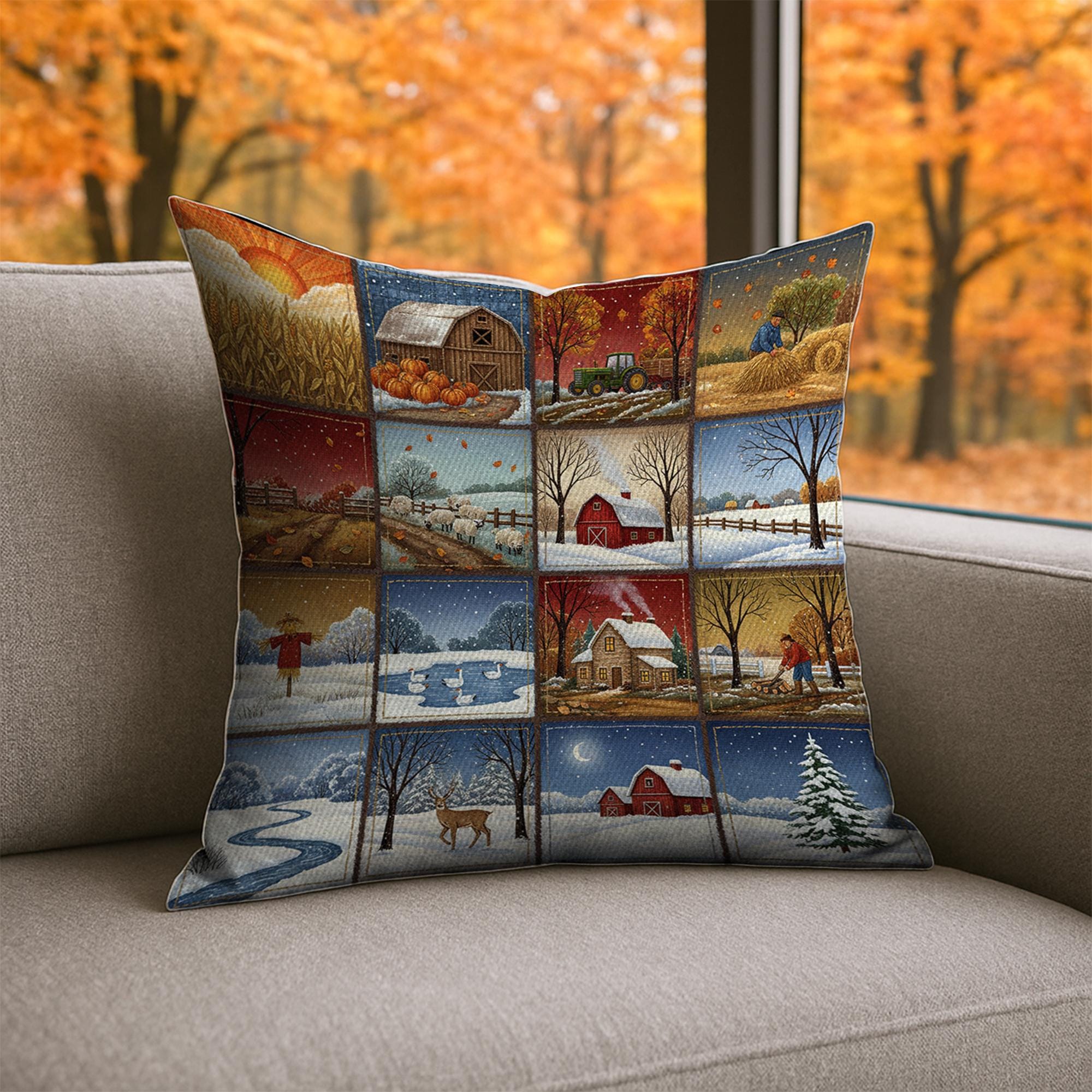 Farmhouse Seasons Pillow: Rustic Barn and Country Landscape Accent