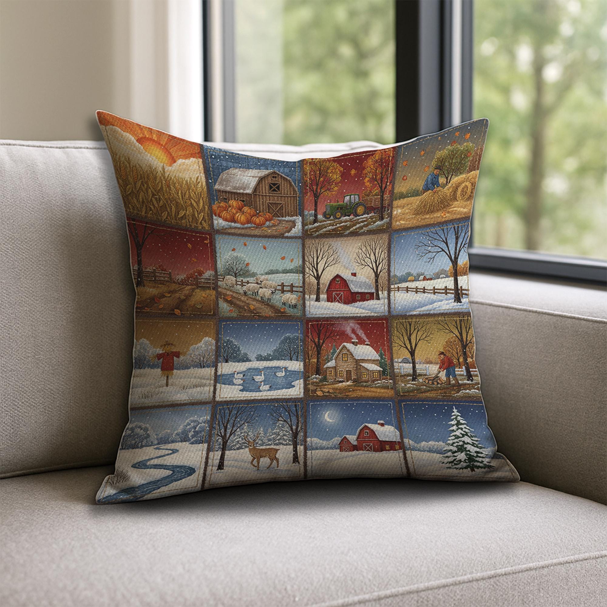 Farmhouse Seasons Pillow: Rustic Barn and Country Landscape Accent