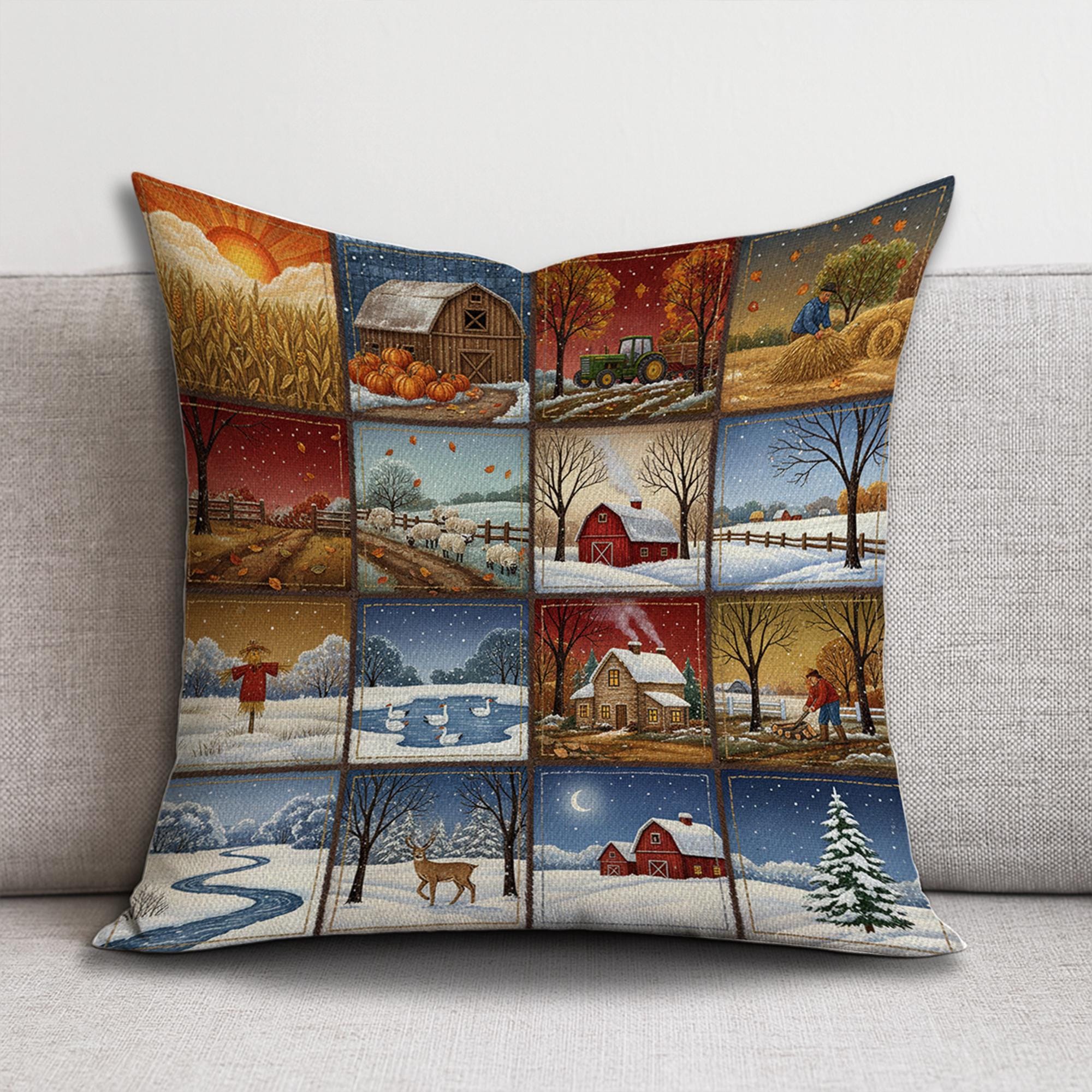 Farmhouse Seasons Pillow: Rustic Barn and Country Landscape Accent
