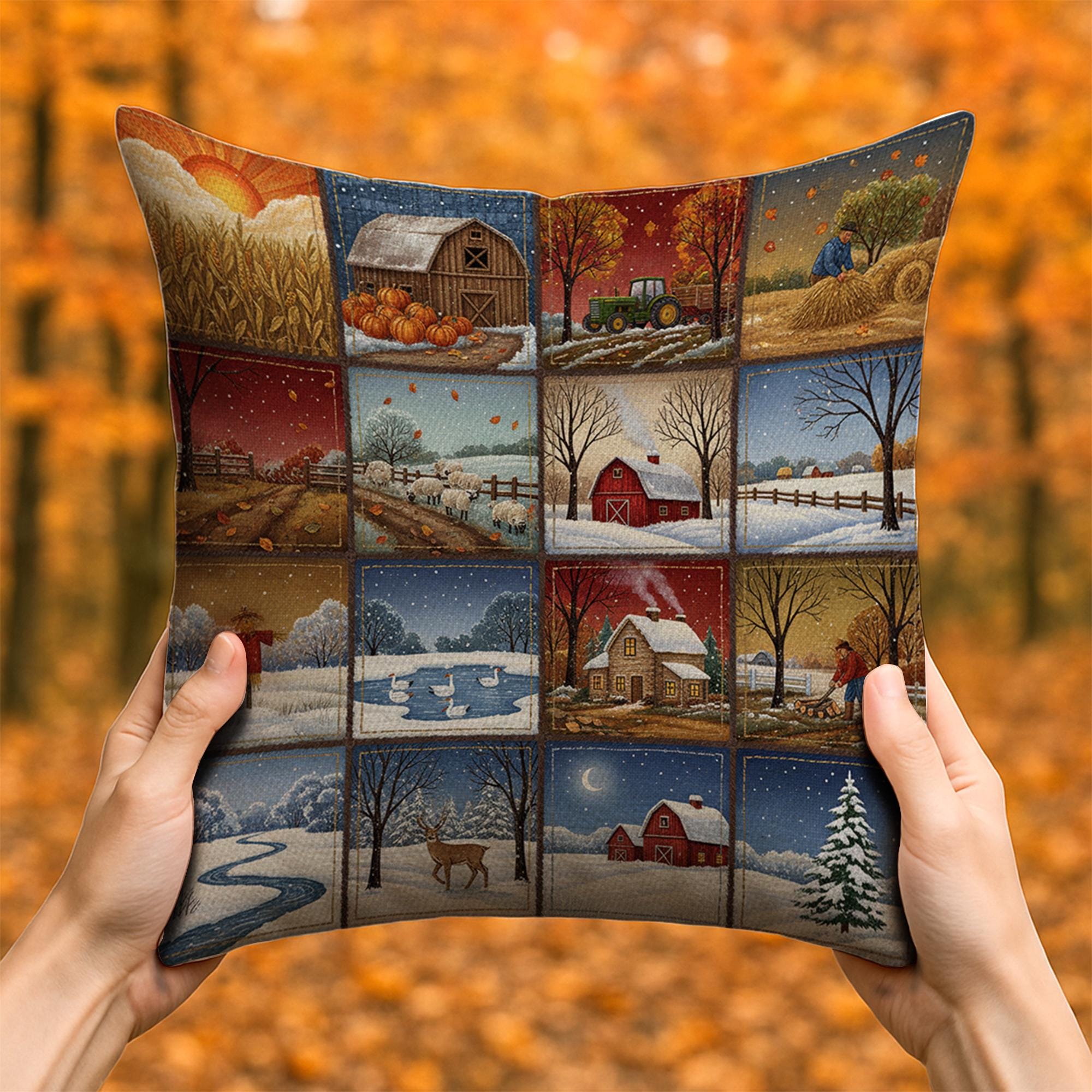 Farmhouse Seasons Pillow: Rustic Barn and Country Landscape Accent