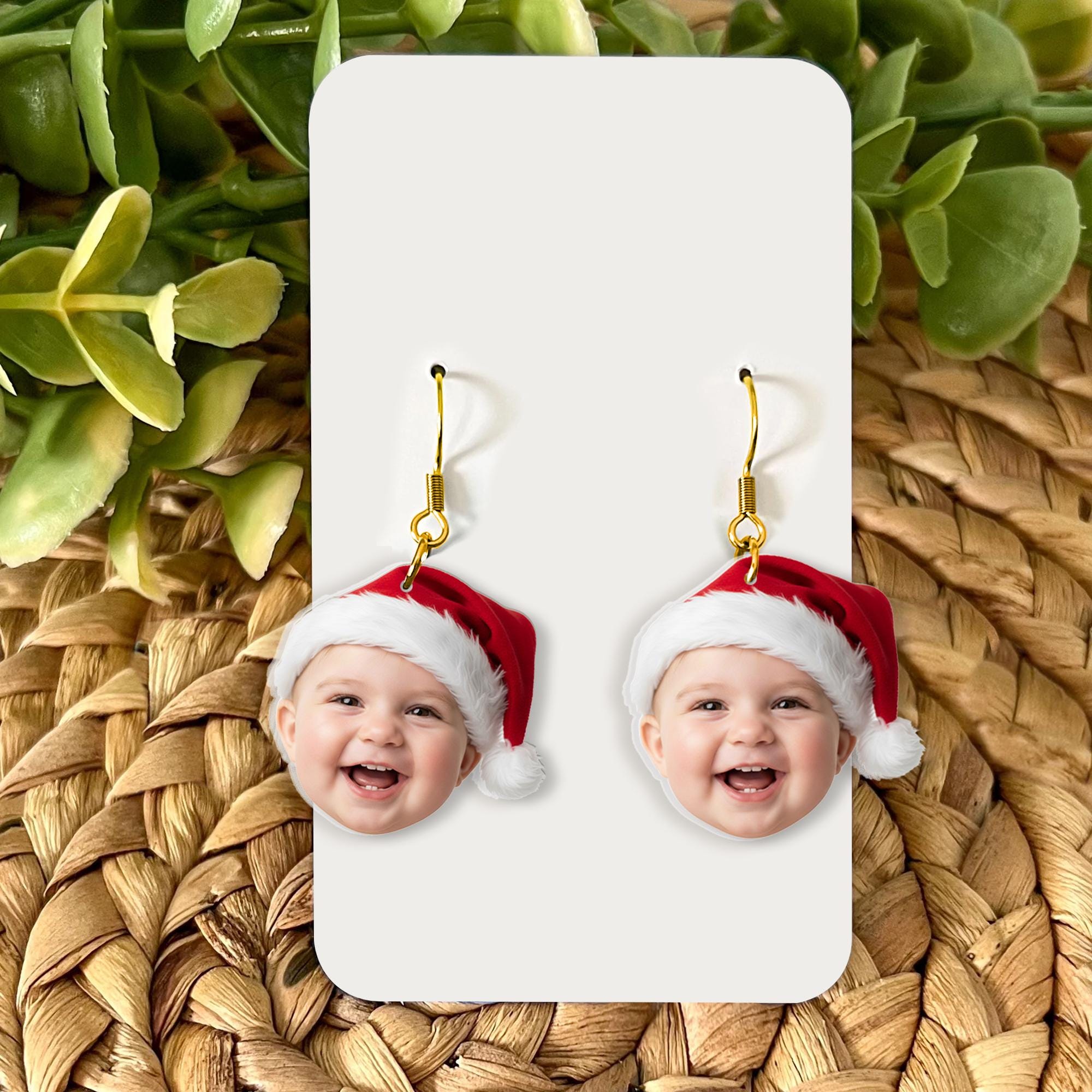 Custom Photo Earrings: Personalized Christmas Face Jewelry with Santa Hat