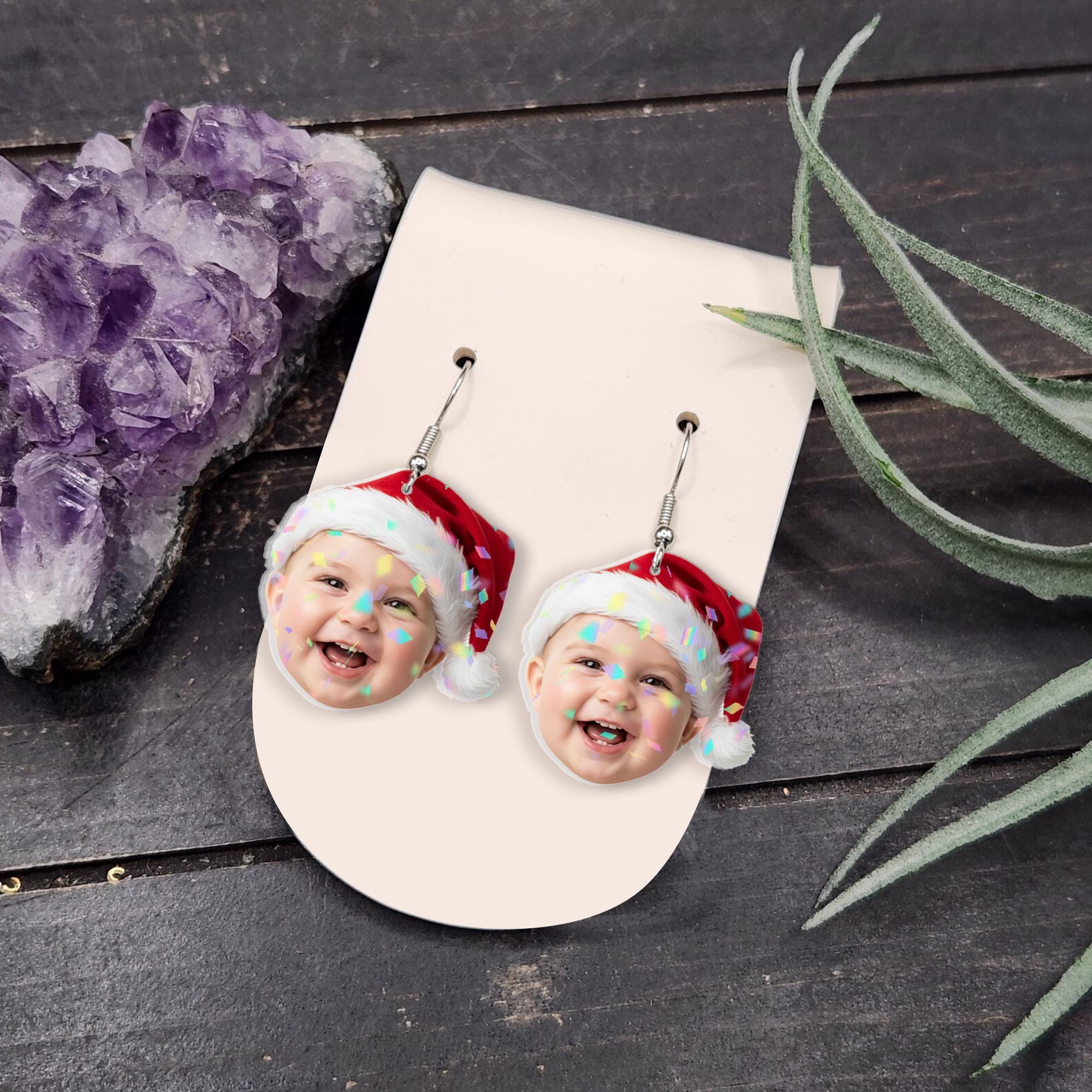 Custom Photo Earrings: Personalized Christmas Face Jewelry with Santa Hat