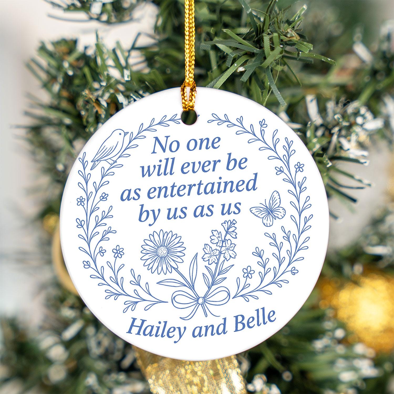 Best Friend Ceramic Ornament • Personalized Names • Floral Line Art • Round Blue Print