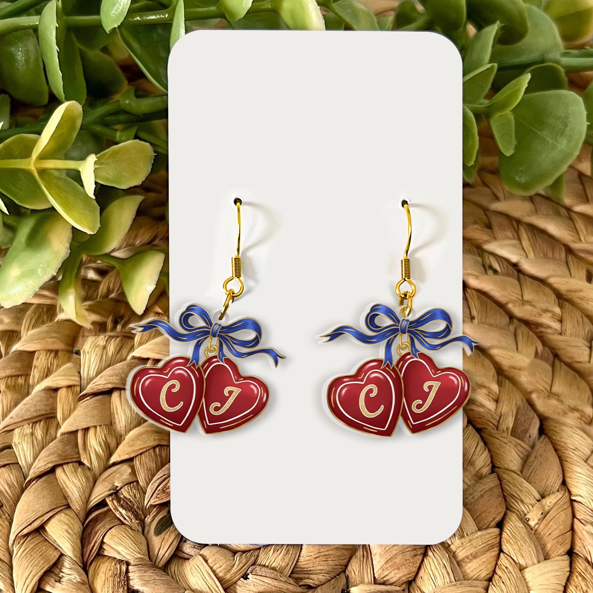 Custom Initial Earrings: Heart Dangle Jewelry with Bow Charm