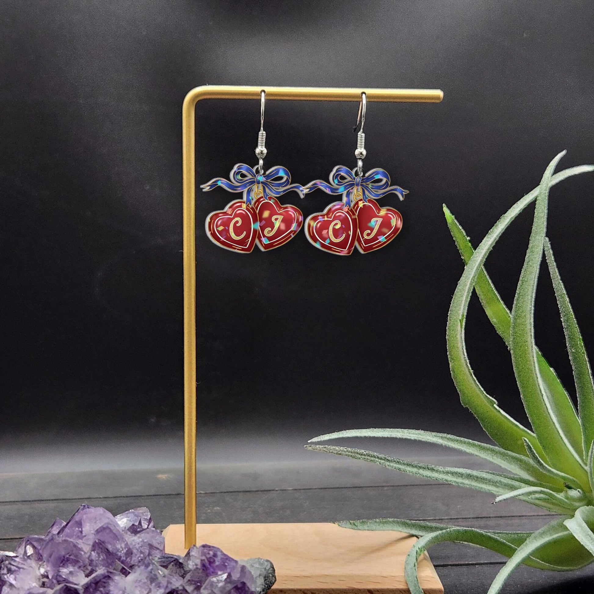 Custom Initial Earrings: Heart Dangle Jewelry with Bow Charm