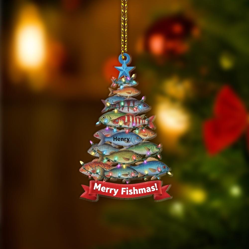 Personalized Fish Christmas Tree Ornament – Custom Name Holiday Decoration with Lights and Fish Design