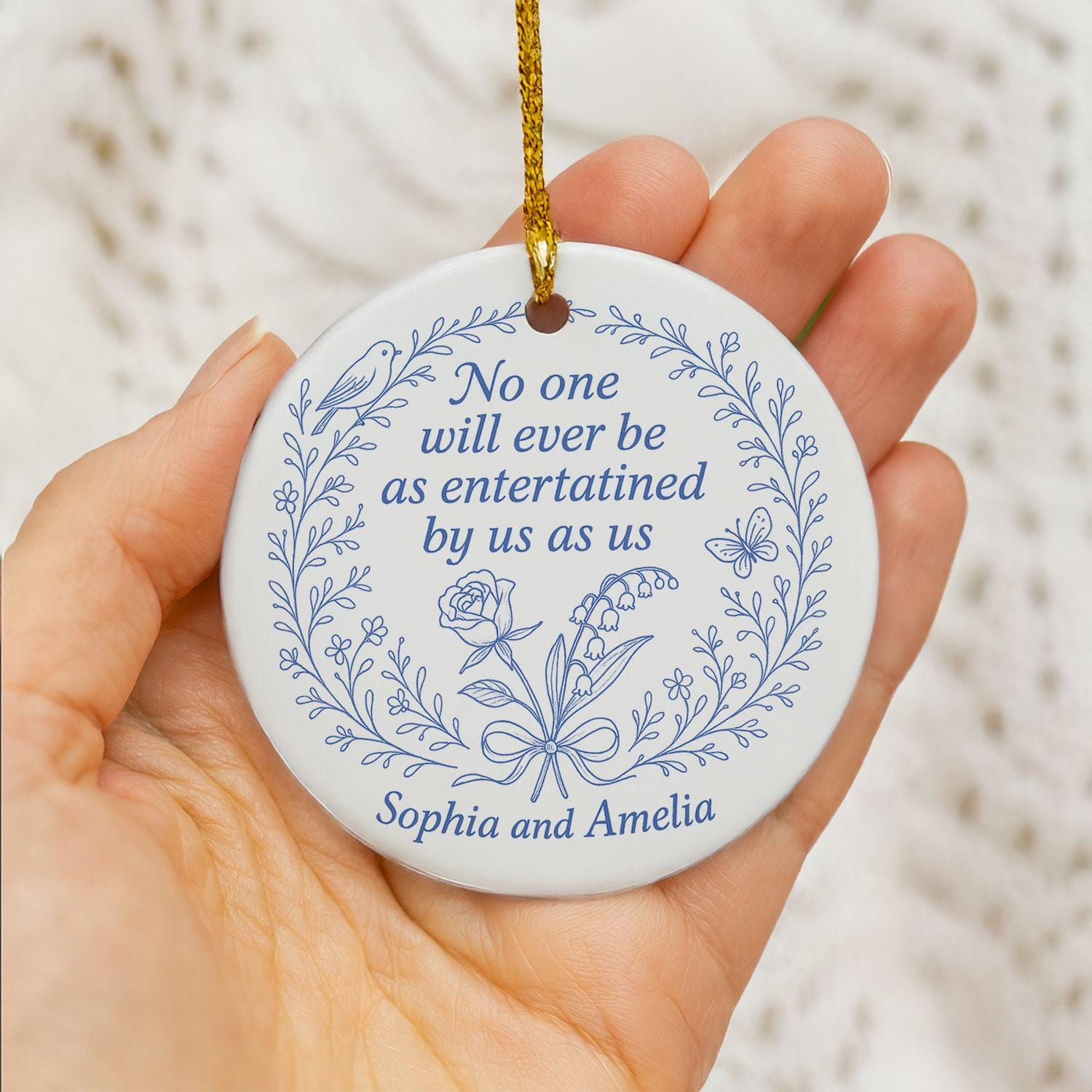 Best Friend Ceramic Ornament • Personalized Names • Floral Line Art • Round Blue Print