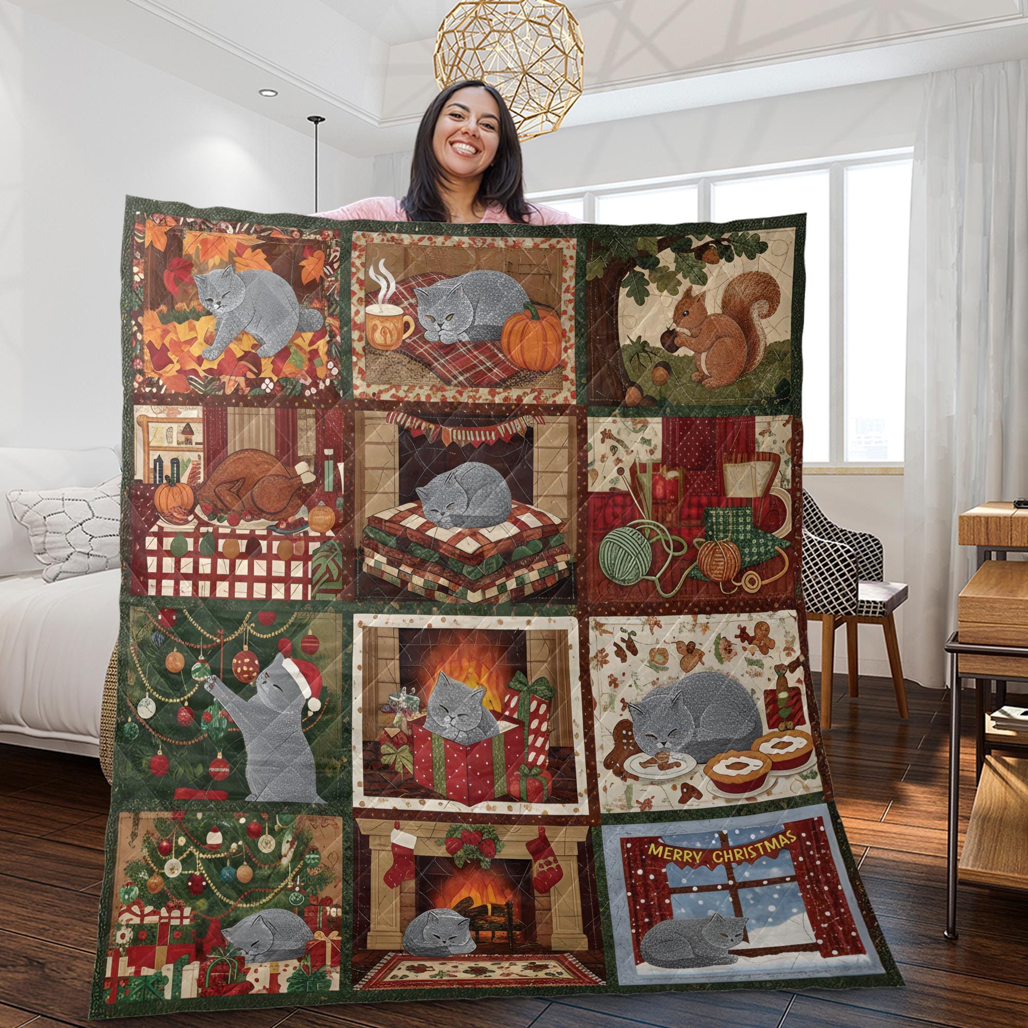 Cat Quilt Blanket: Christmas Winter Patchwork Throw with Cozy Design