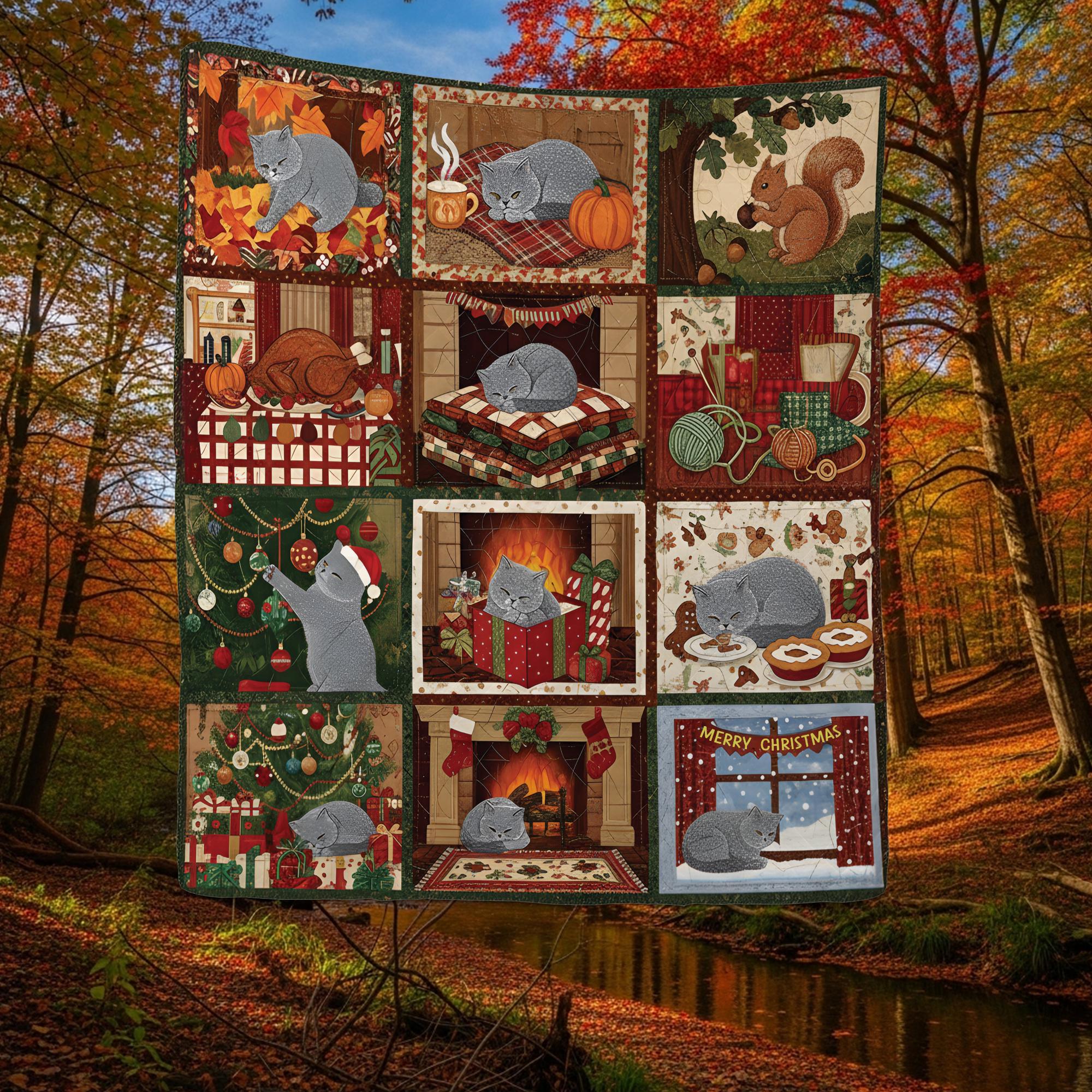Cat Quilt Blanket: Christmas Winter Patchwork Throw with Cozy Design