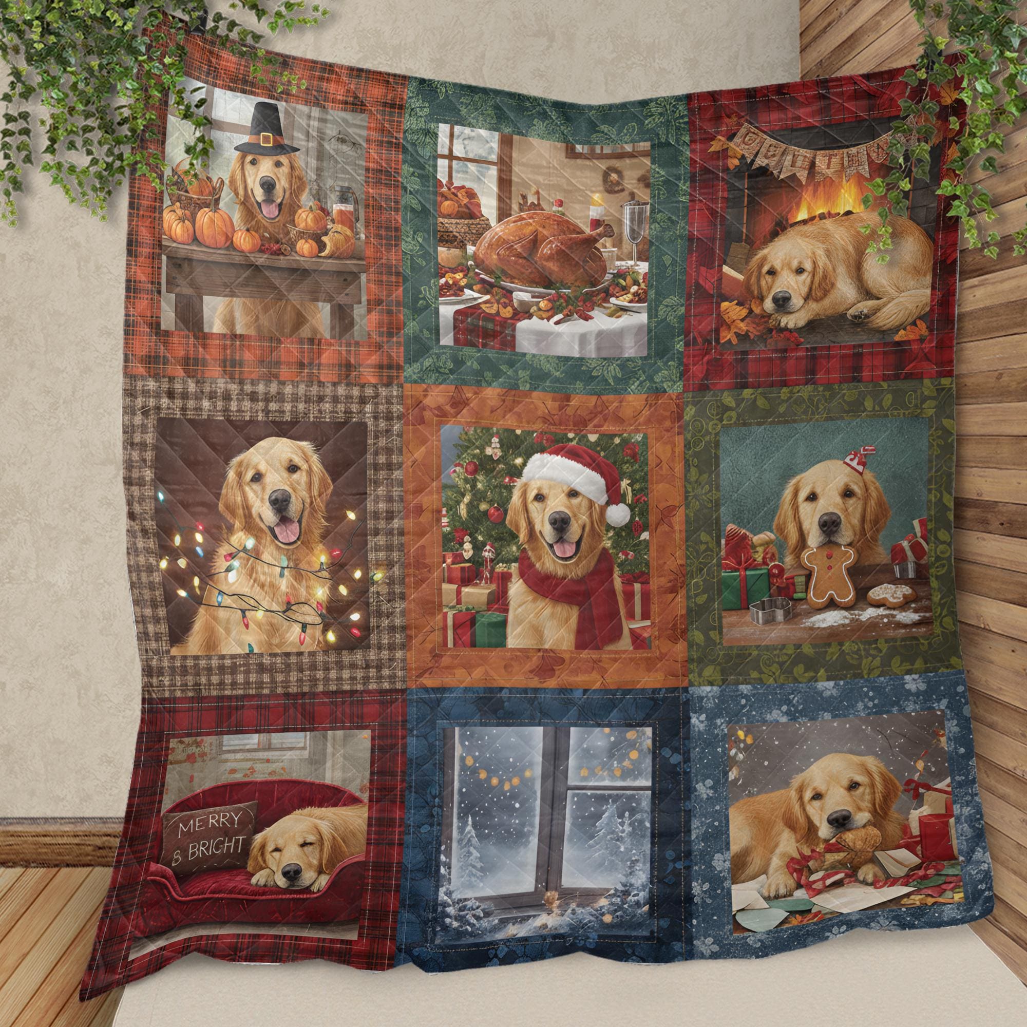 Dog Quilt Blanket: Christmas Holiday Patchwork Throw with Golden Retriever Design