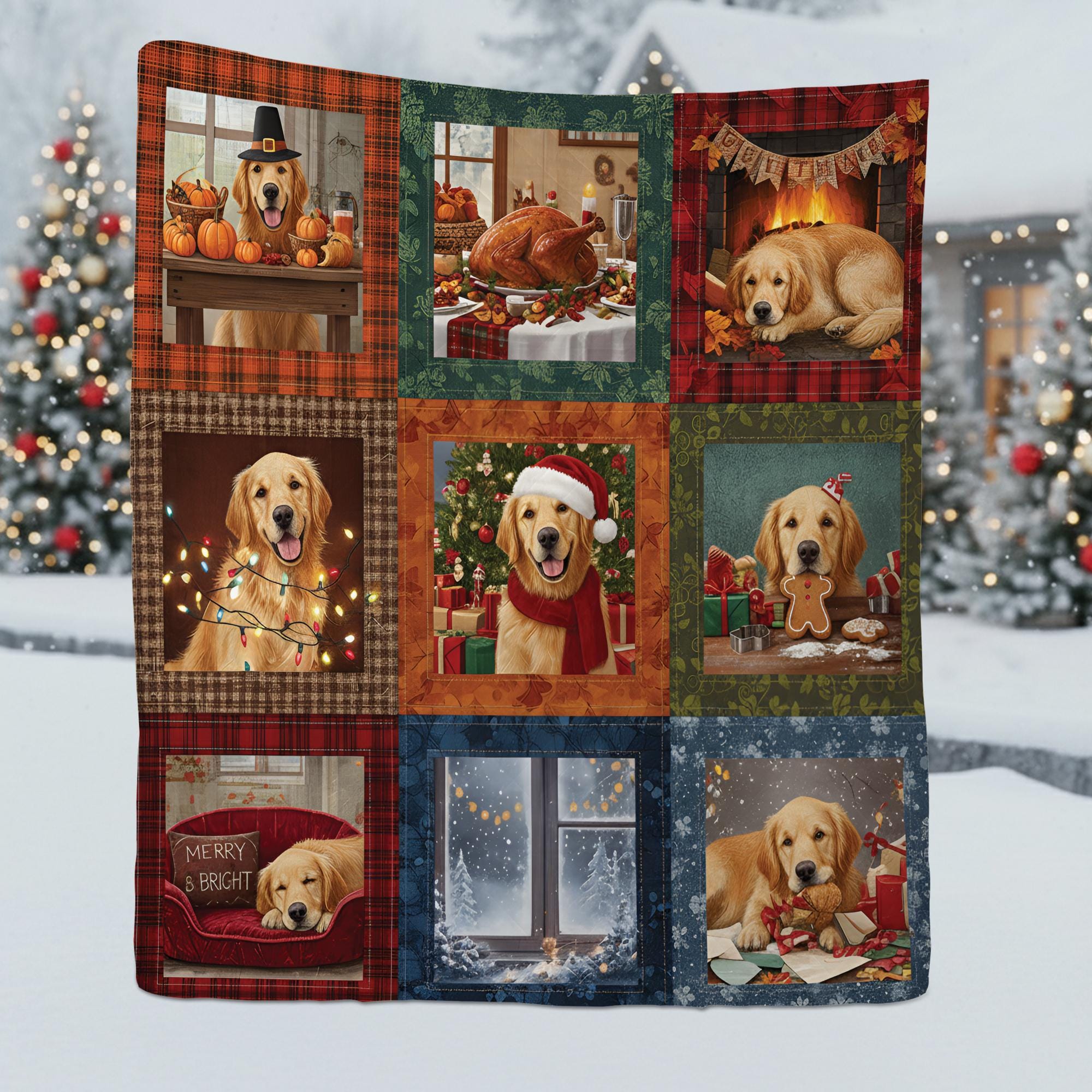 Dog Quilt Blanket: Christmas Holiday Patchwork Throw with Golden Retriever Design