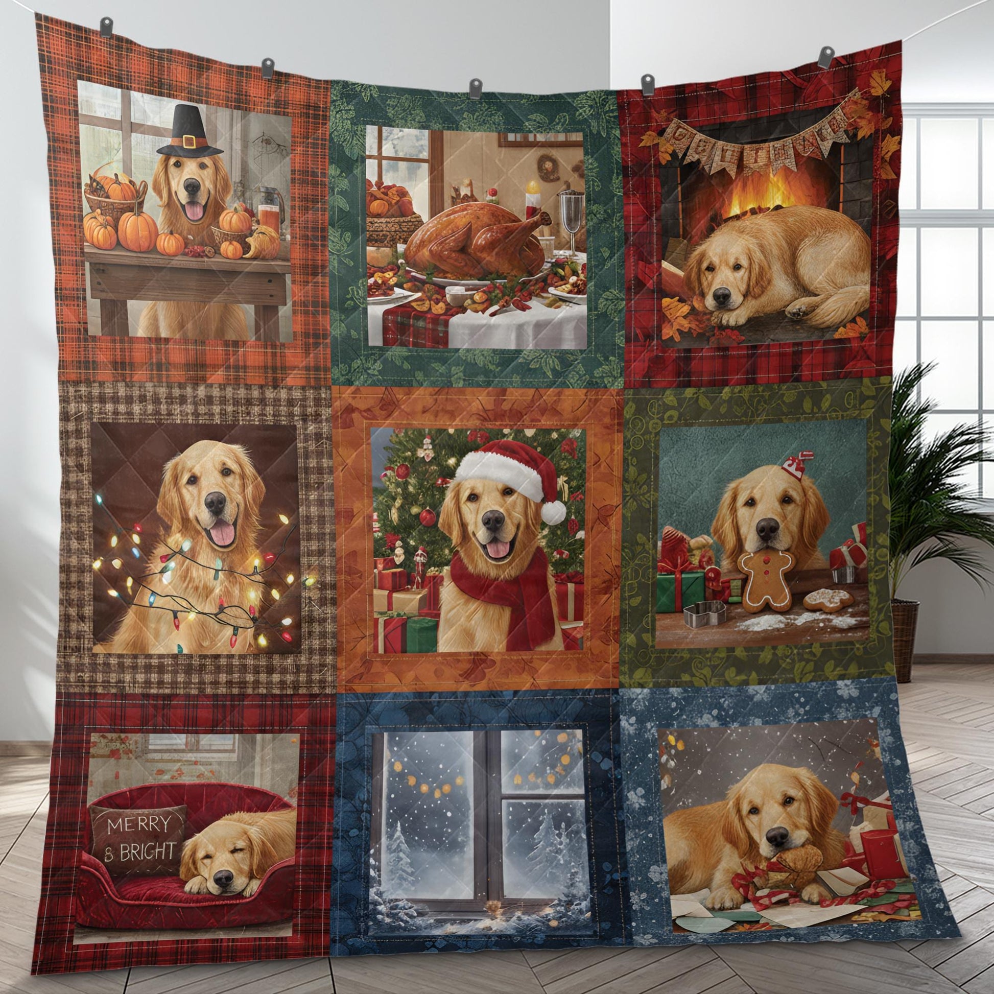 Dog Quilt Blanket: Christmas Holiday Patchwork Throw with Golden Retriever Design