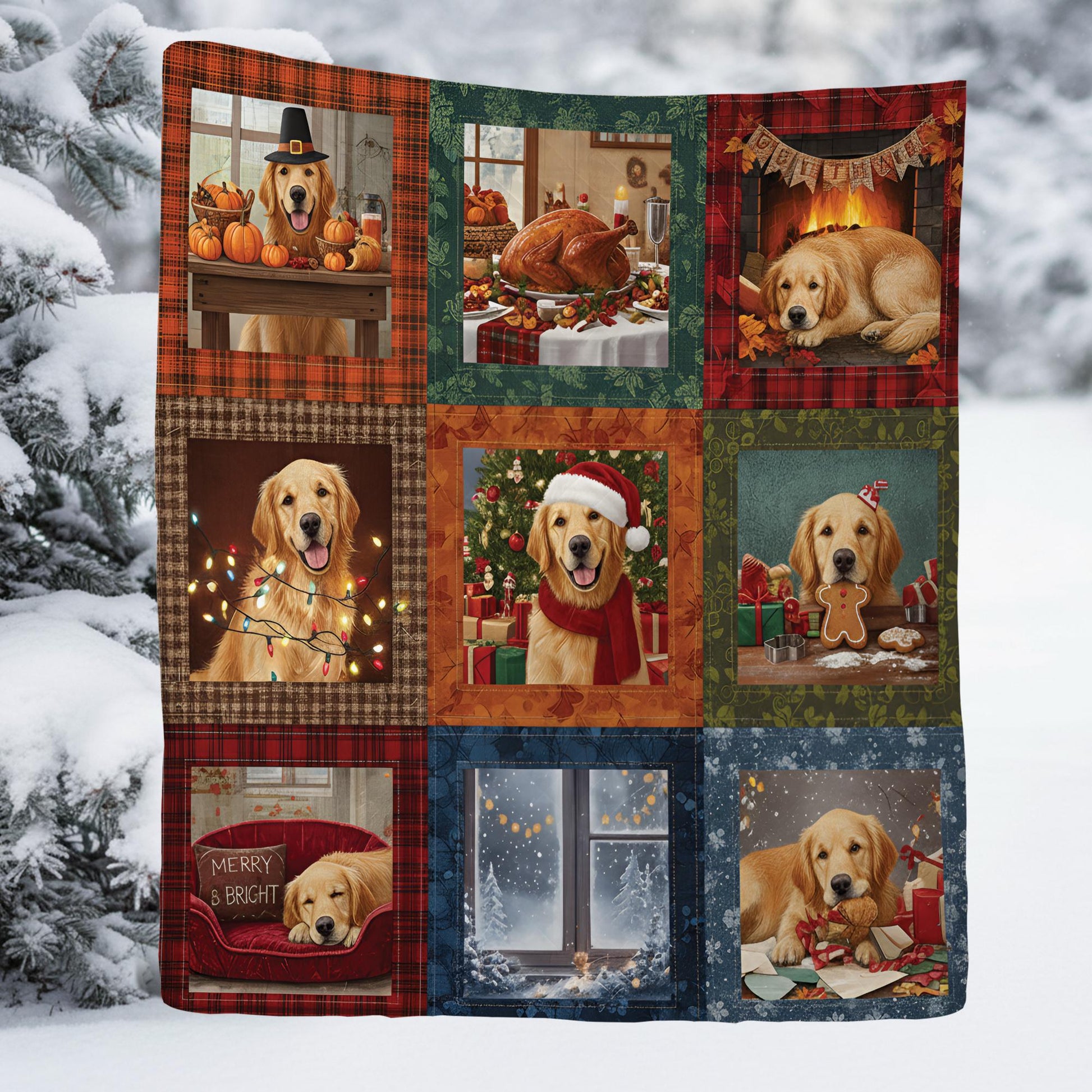Dog Quilt Blanket: Christmas Holiday Patchwork Throw with Golden Retriever Design