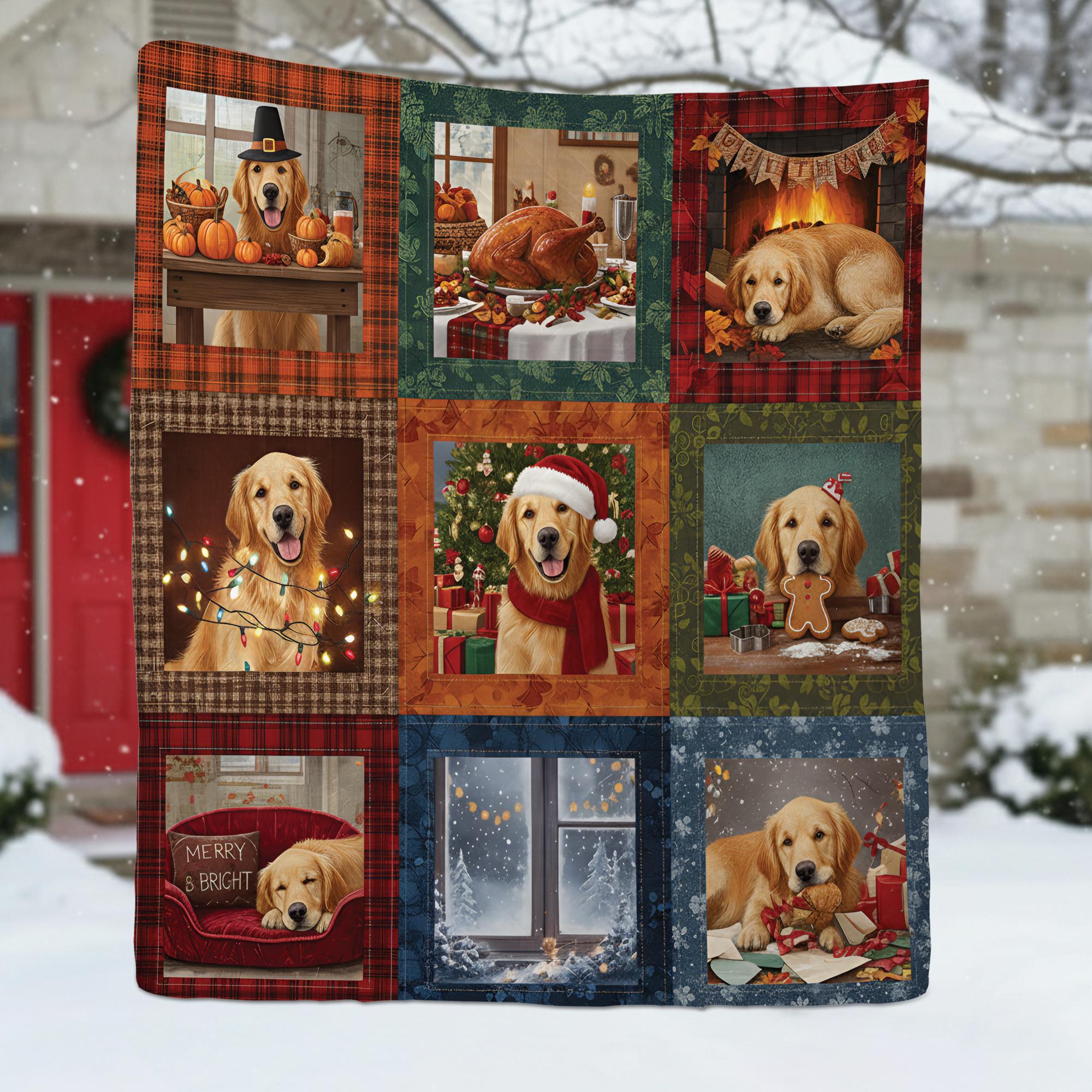 Dog Quilt Blanket: Christmas Holiday Patchwork Throw with Golden Retriever Design
