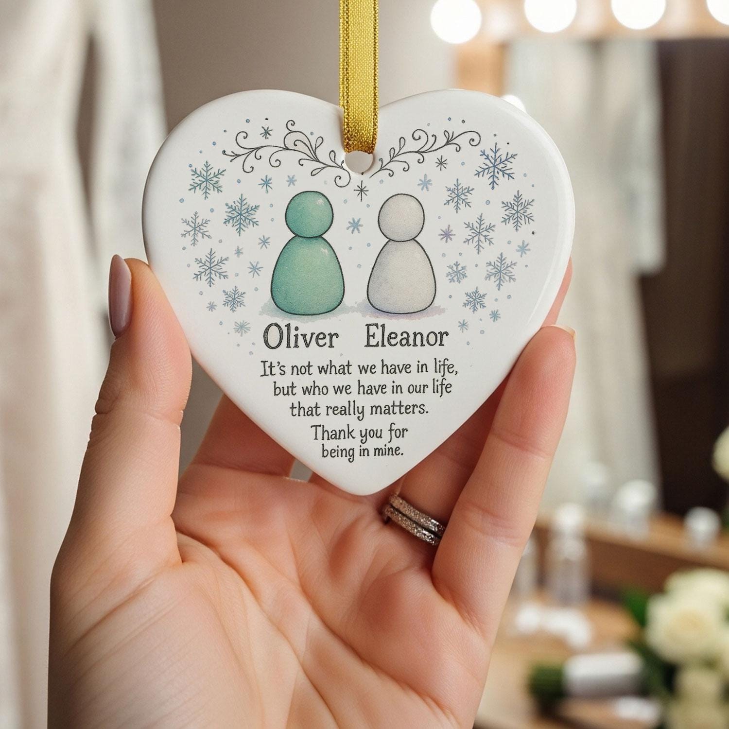 Best Friend Heart Ceramic Ornament • Personalized Names • Snowflake Illustration • Quote Keepsake