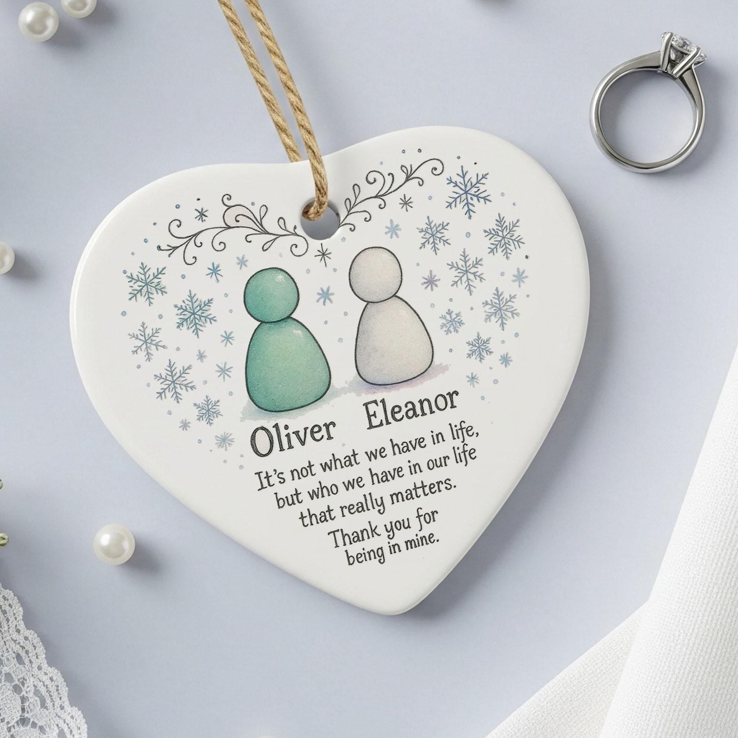 Best Friend Heart Ceramic Ornament • Personalized Names • Snowflake Illustration • Quote Keepsake