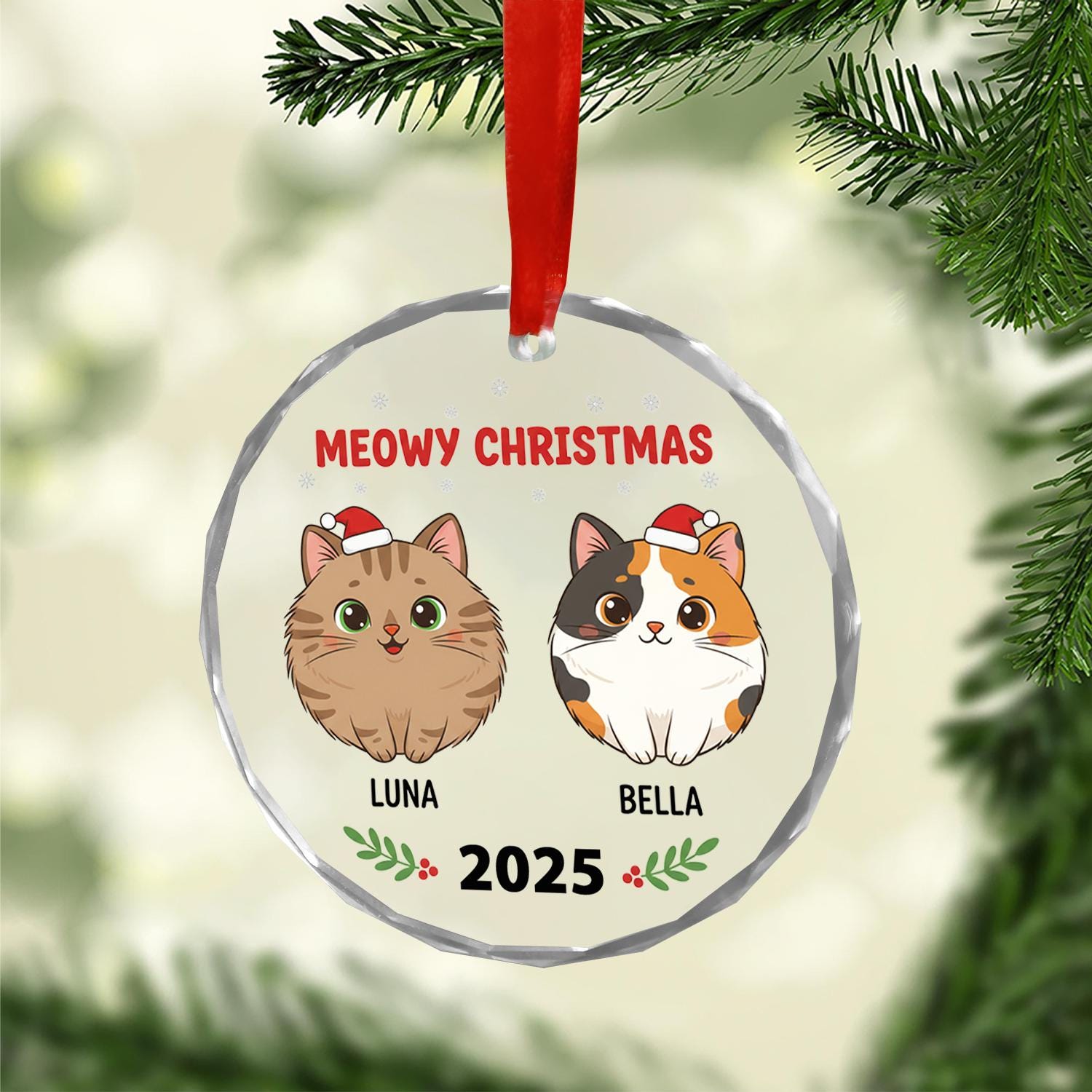 Personalized Cat Christmas Ornament – Custom Name Glass Decoration with Santa Hats and 2025