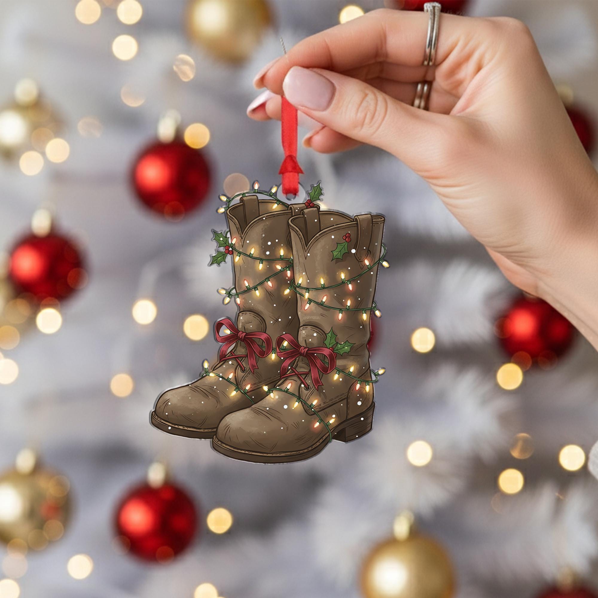 Farmer Boot Ornament: Rustic Christmas Tree Decoration with Lights and Holly