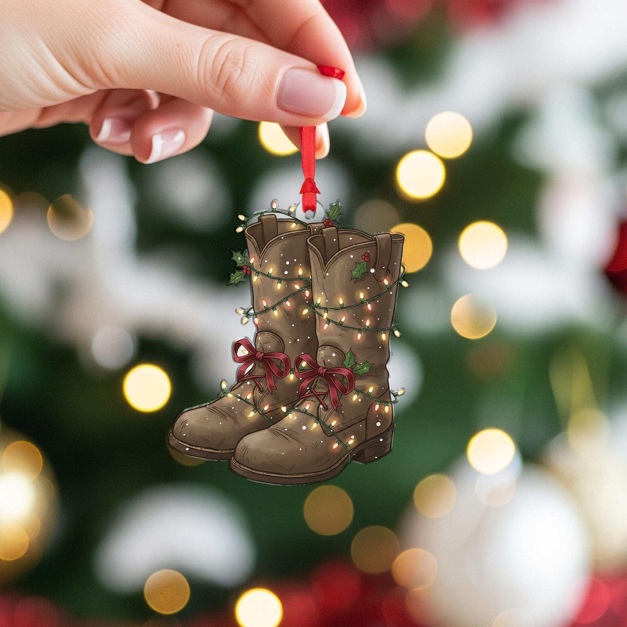 Farmer Boot Ornament: Rustic Christmas Tree Decoration with Lights and Holly