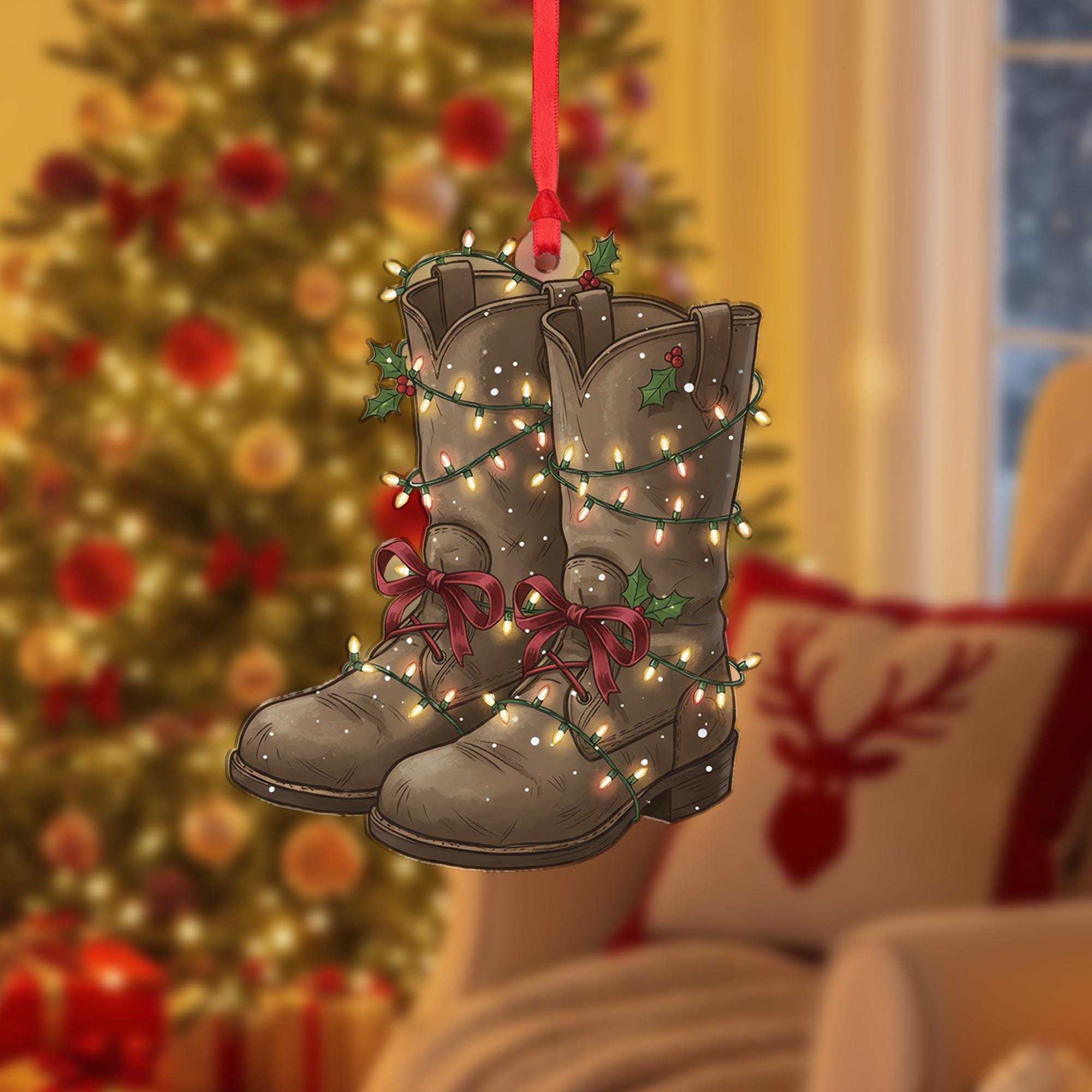 Farmer Boot Ornament: Rustic Christmas Tree Decoration with Lights and Holly