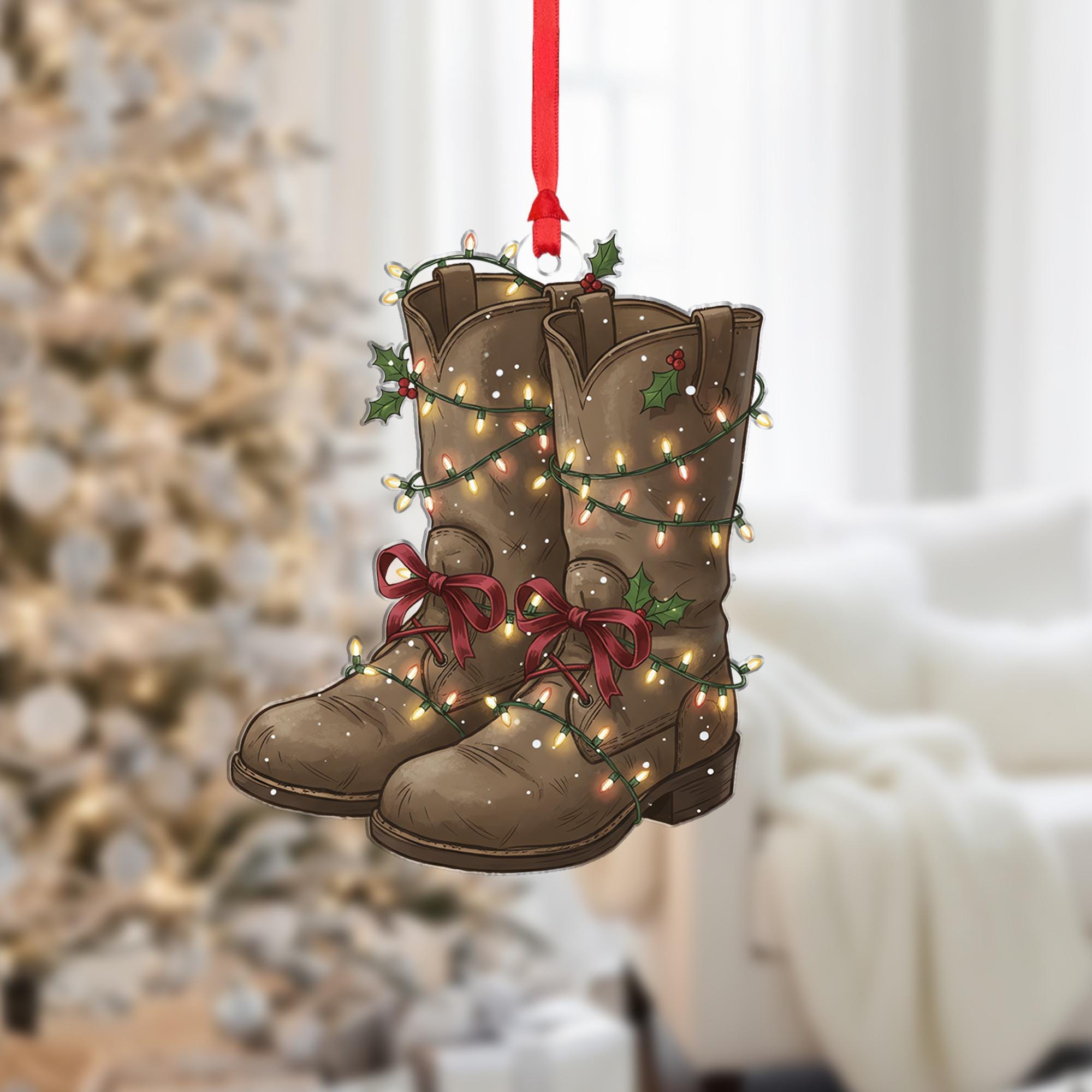 Farmer Boot Ornament: Rustic Christmas Tree Decoration with Lights and Holly
