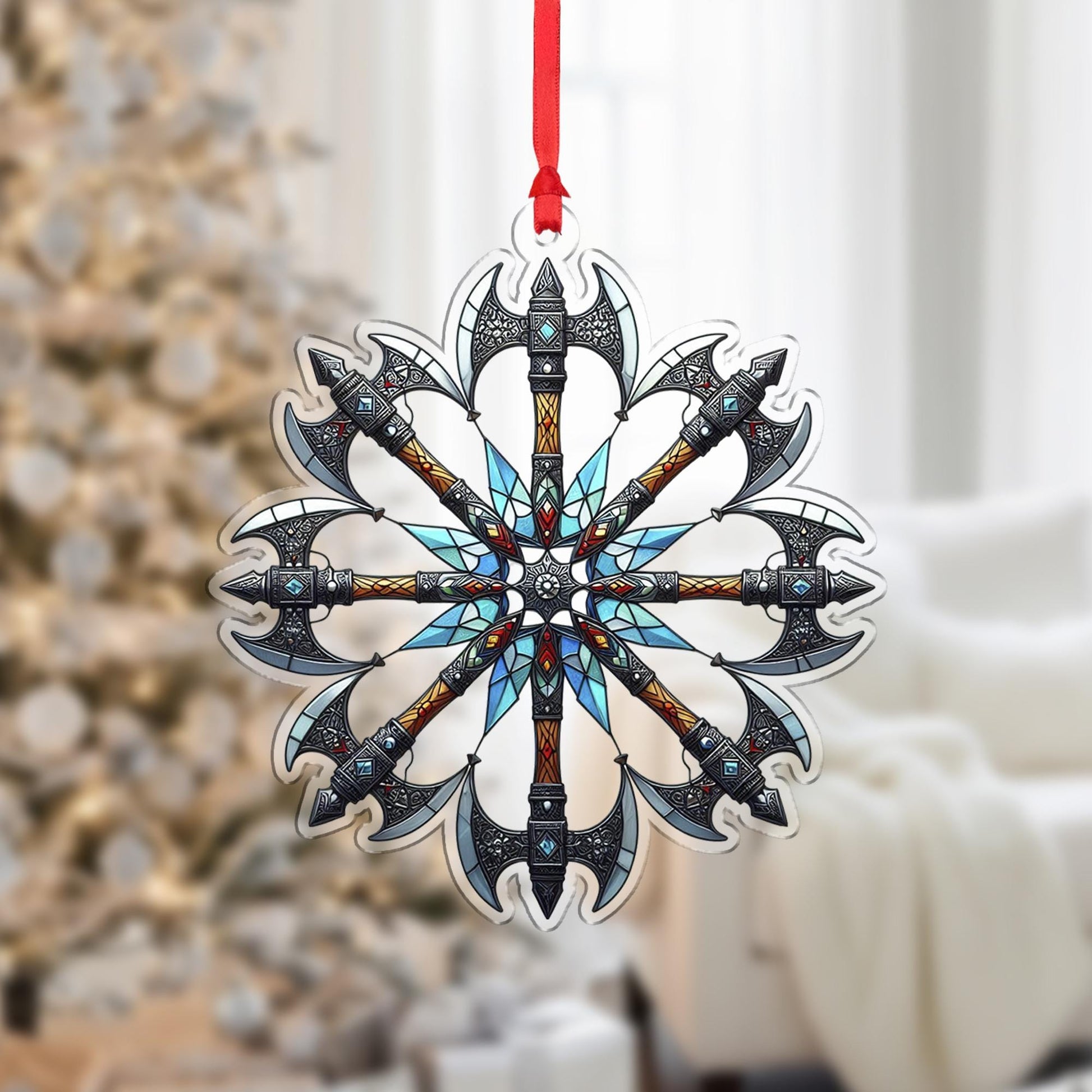 Viking Battle Axe Ornament – Norse Stained Glass Christmas Tree Decor