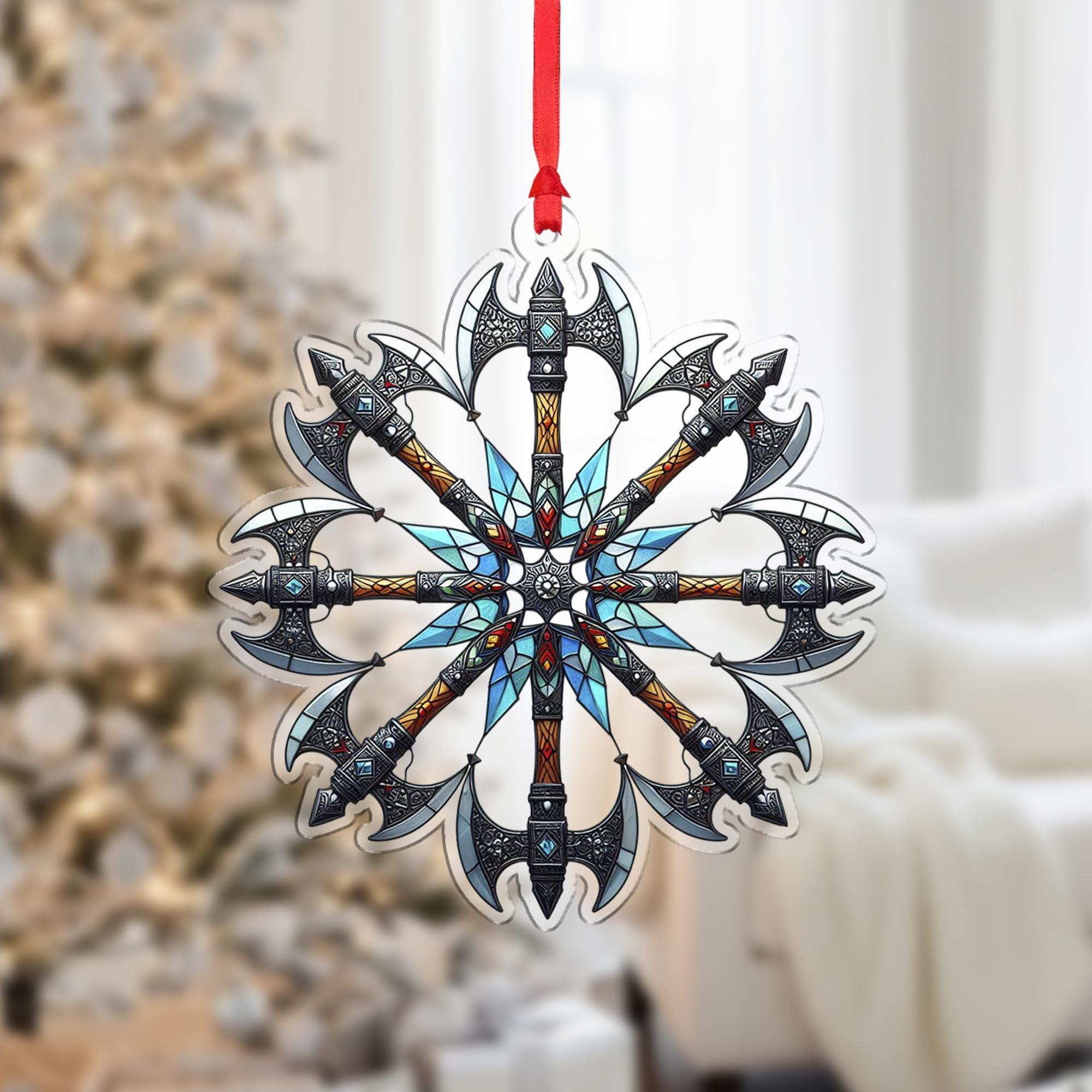 Viking Battle Axe Ornament – Norse Stained Glass Christmas Tree Decor