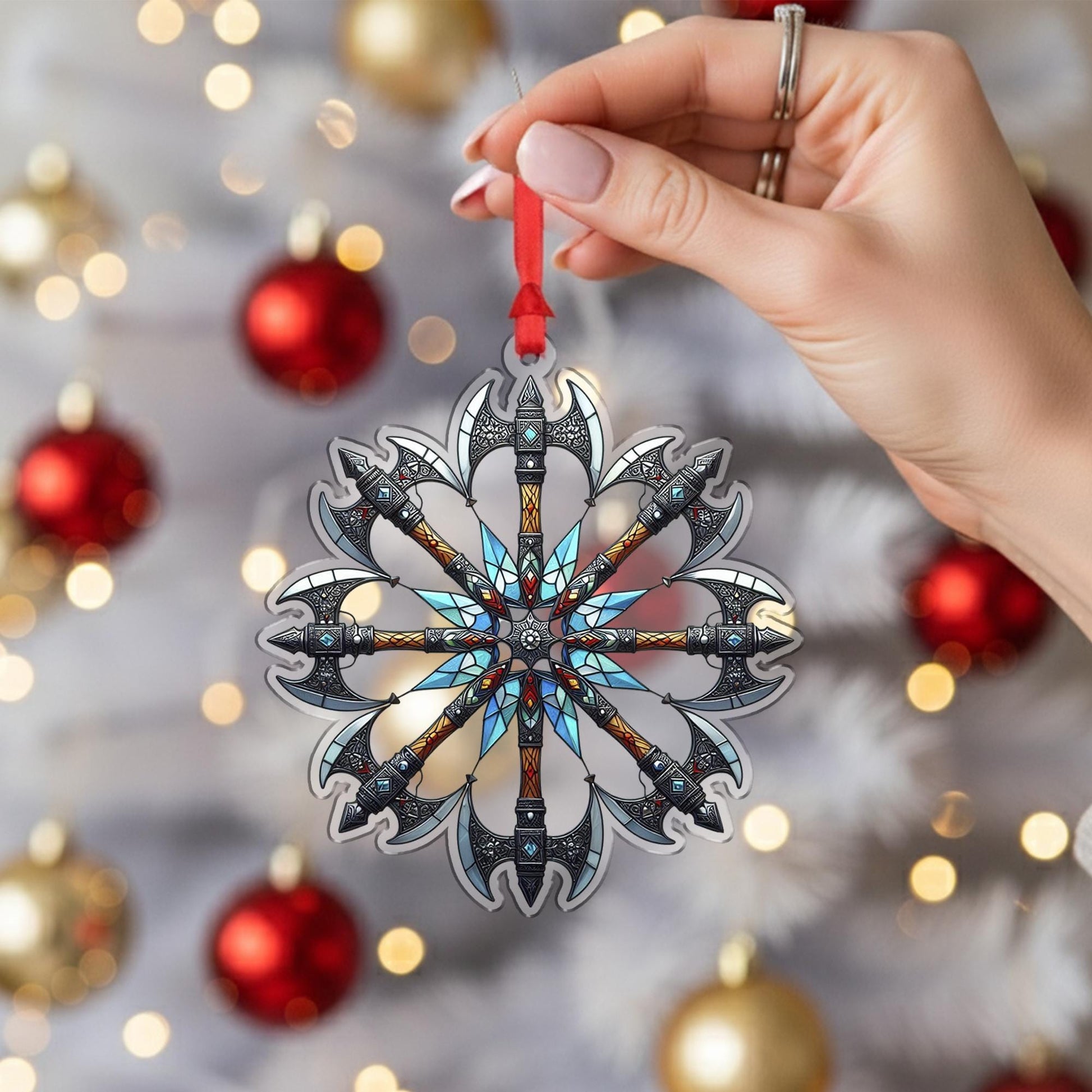Viking Battle Axe Ornament – Norse Stained Glass Christmas Tree Decor