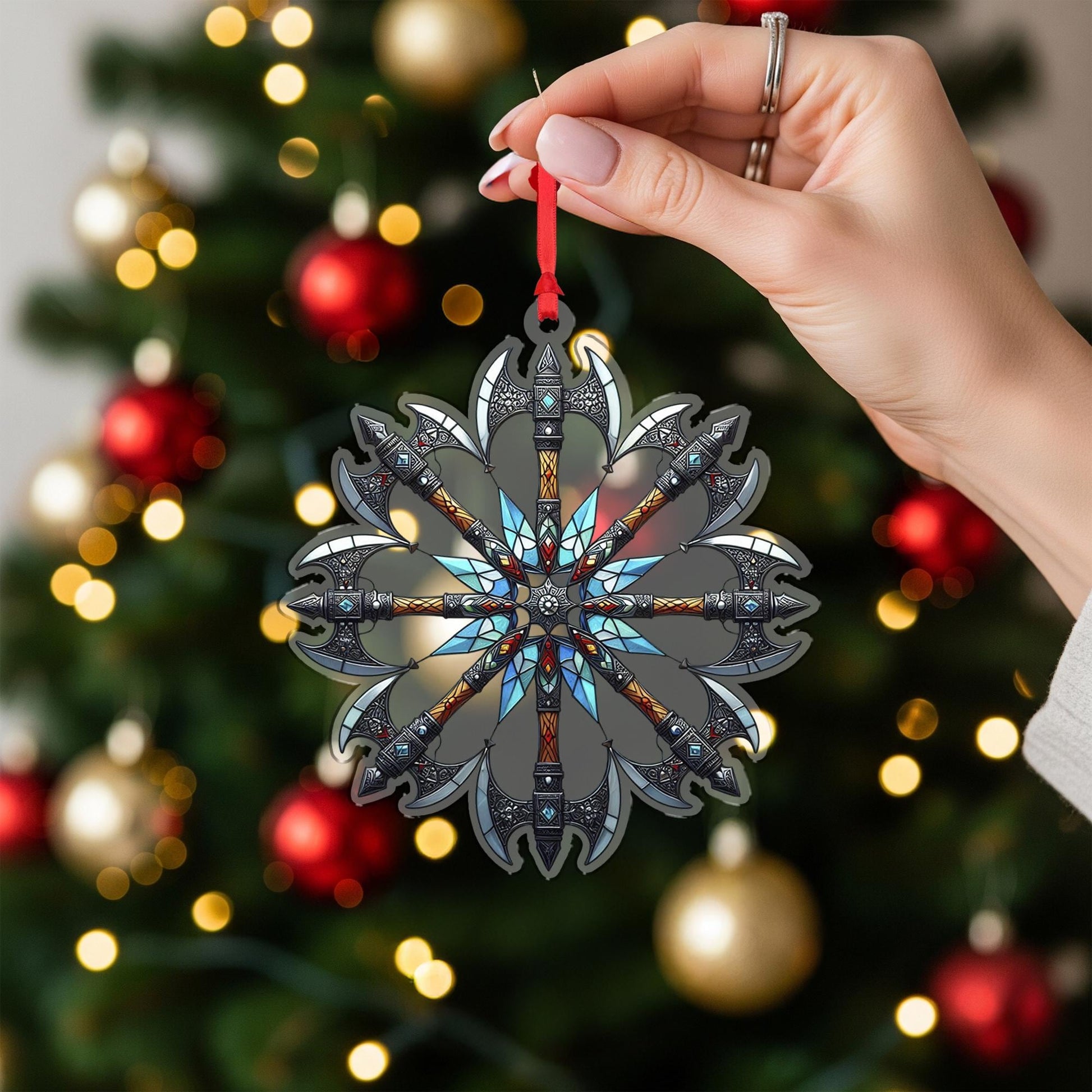 Viking Battle Axe Ornament – Norse Stained Glass Christmas Tree Decor
