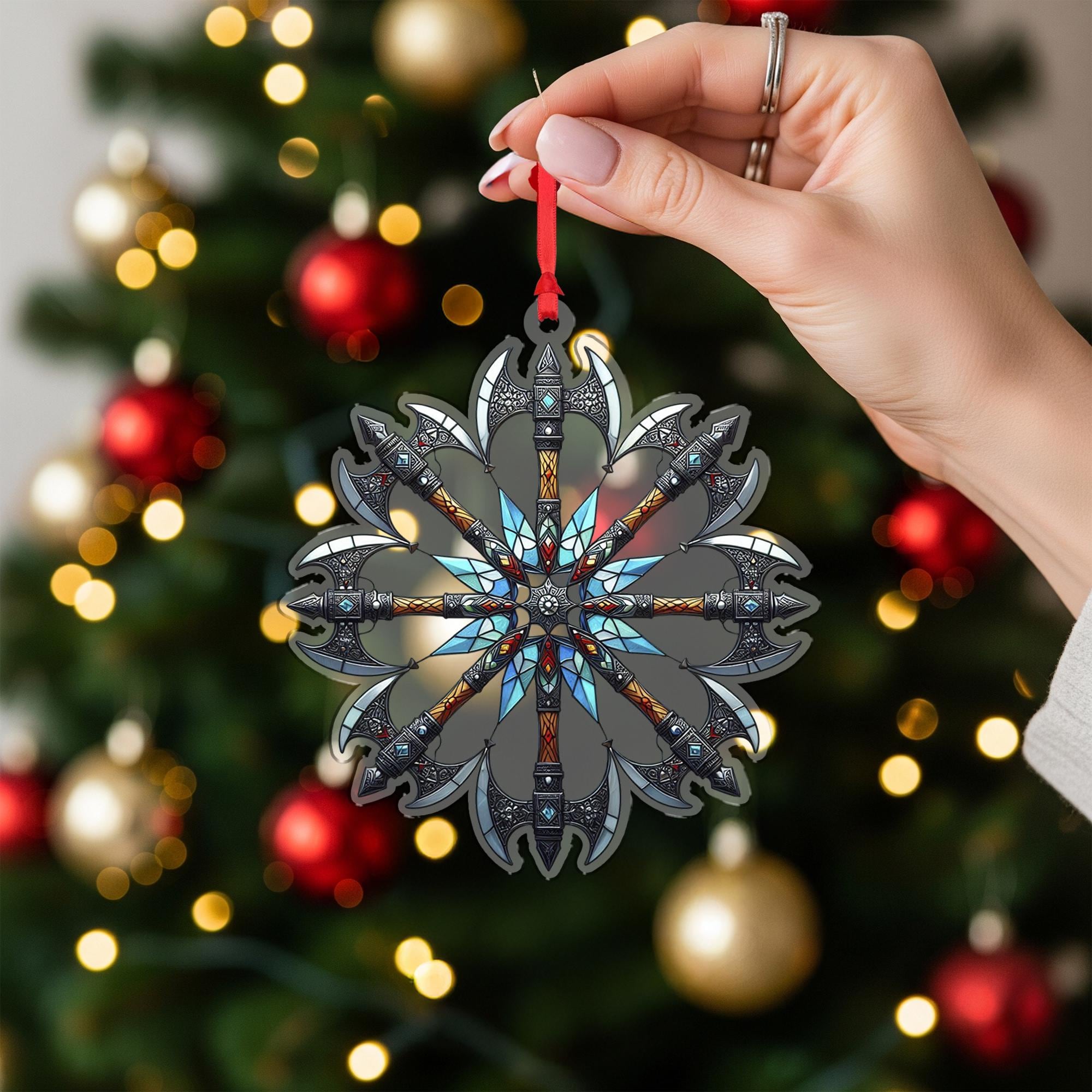 Viking Battle Axe Ornament – Norse Stained Glass Christmas Tree Decor
