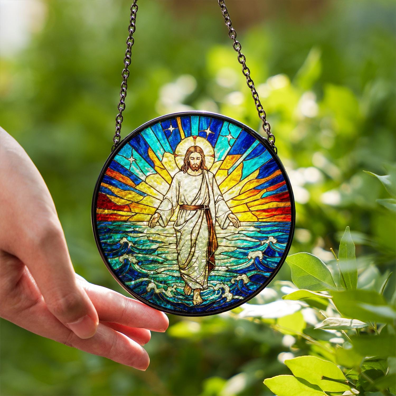 Jesus Glass Suncatcher – Stained Glass Design with Walking on Water and Sunrise Theme