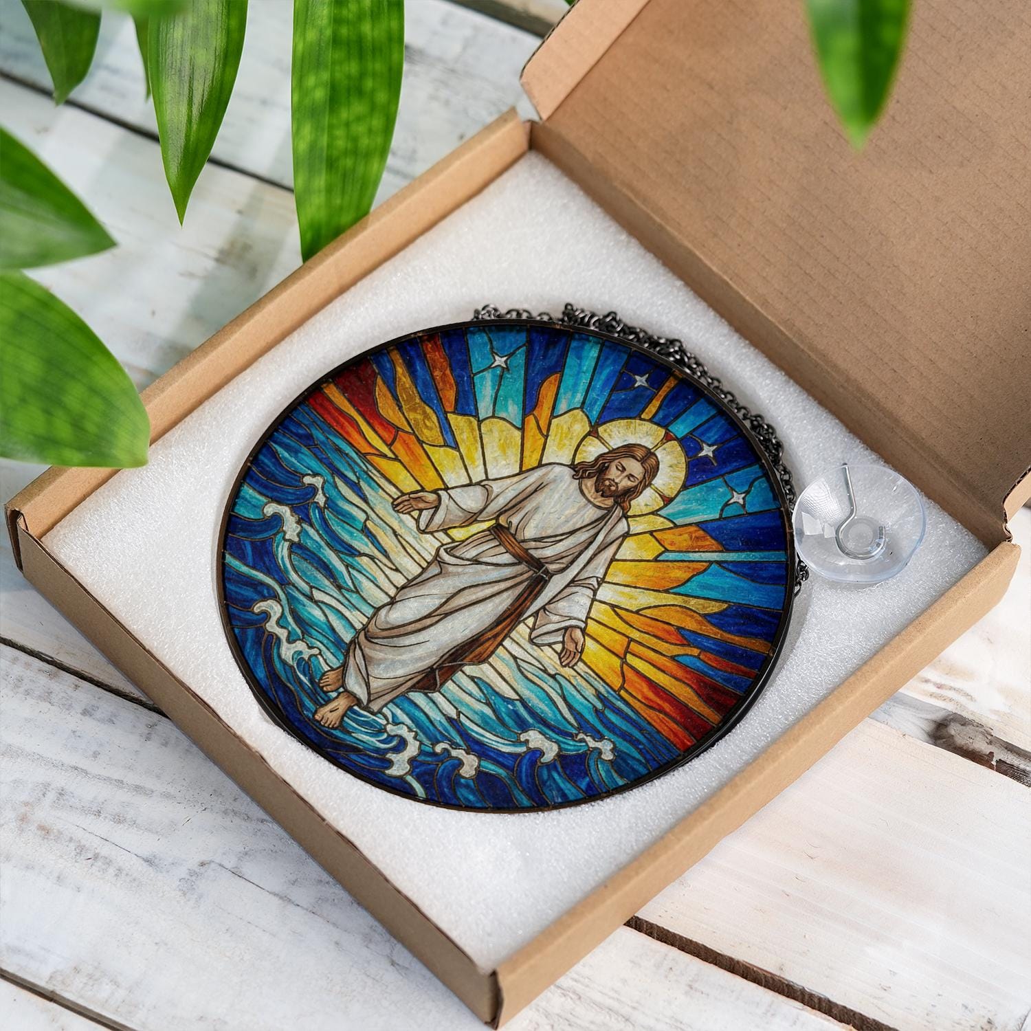 Jesus Glass Suncatcher – Stained Glass Design with Walking on Water and Sunrise Theme
