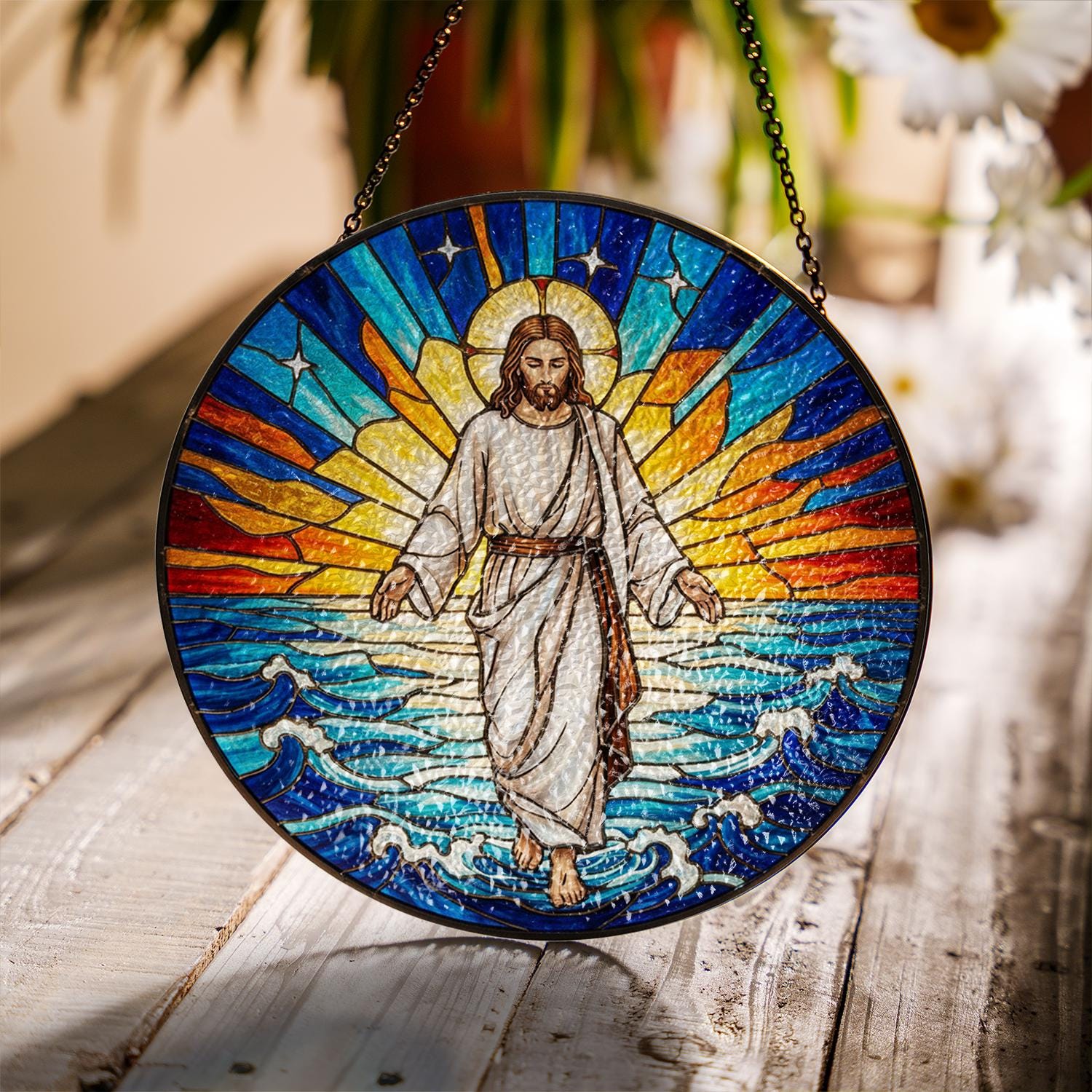 Jesus Glass Suncatcher – Stained Glass Design with Walking on Water and Sunrise Theme