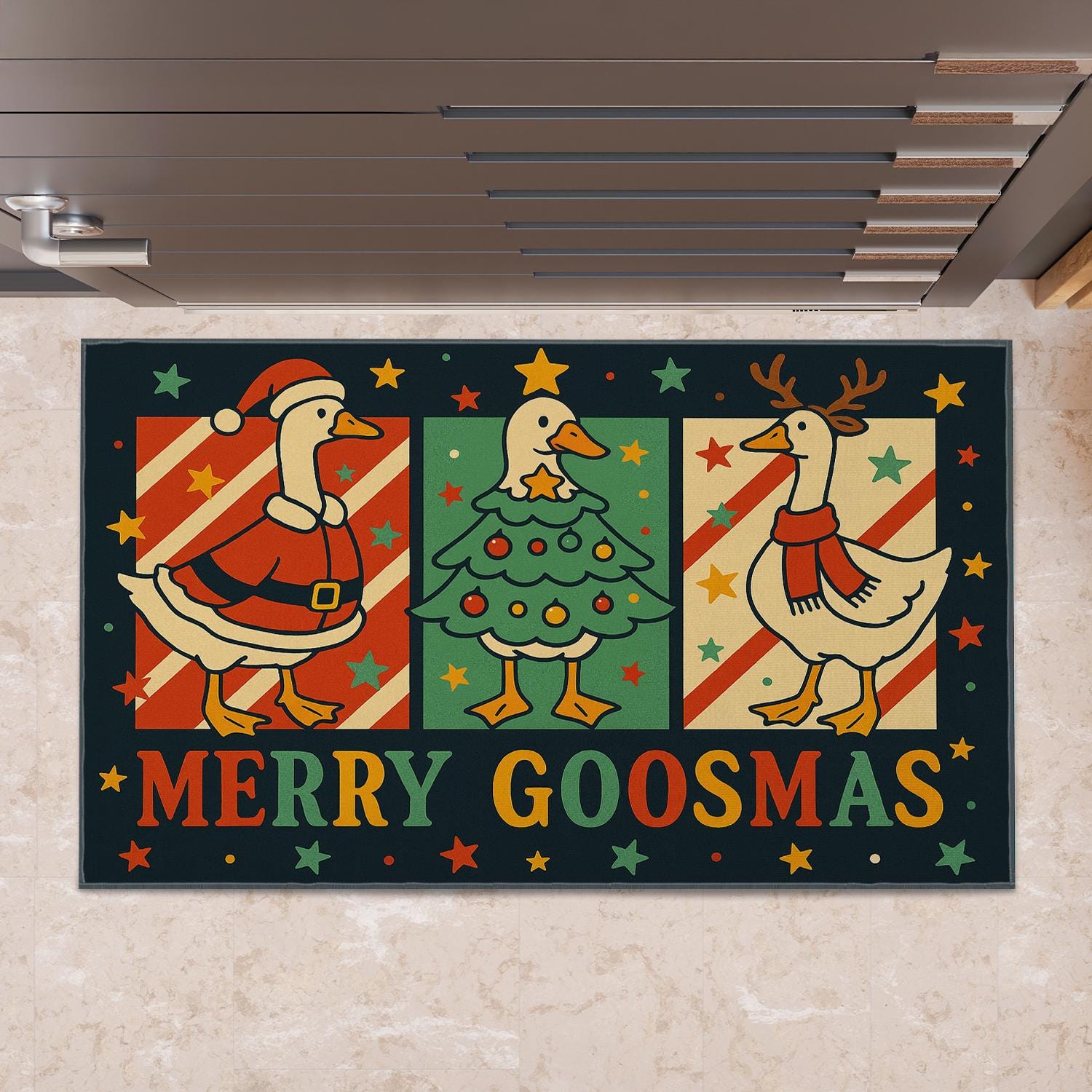 Merry Goosmas Doormat – Christmas Holiday Rug with Santa, Tree, and Reindeer Geese Design