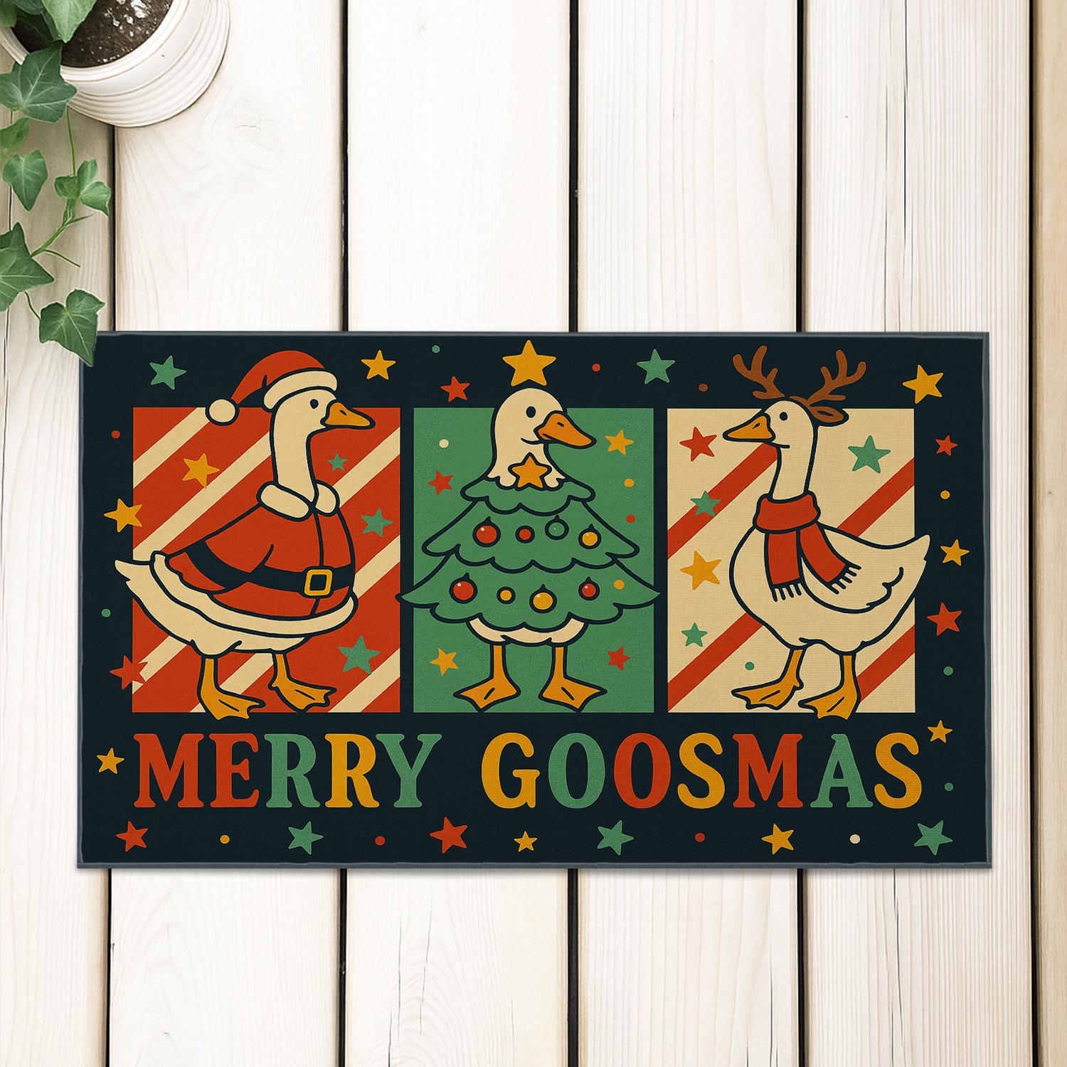 Merry Goosmas Doormat – Christmas Holiday Rug with Santa, Tree, and Reindeer Geese Design