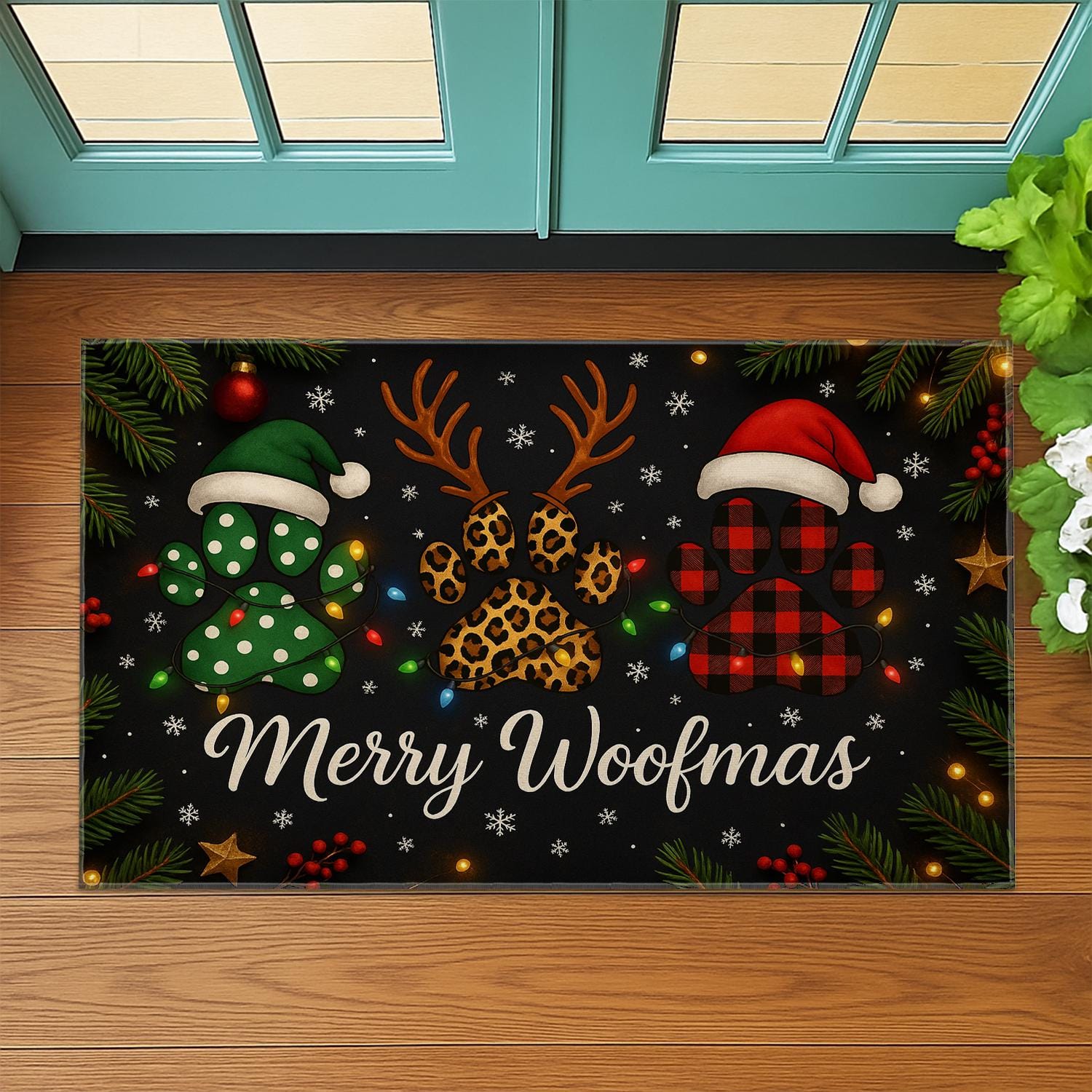 Merry Woofmas Doormat – Christmas Holiday Rug with Dog Paw Prints and Santa Hats